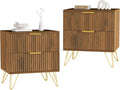 Set of 2 Nightstand, Mid Century Modern Night Stand Bedside Table with 2 Storage Drawer, Bed Side End Table with Golden Handles and Legs for Bedroom, Walnut