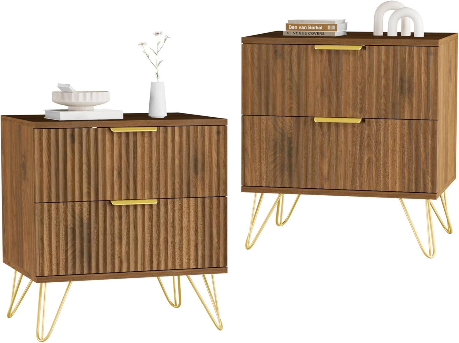 Set of 2 Nightstand, Mid Century Modern Night Stand Bedside Table with 2 Storage Drawer, Bed Side End Table with Golden Handles and Legs for Bedroom, Walnut