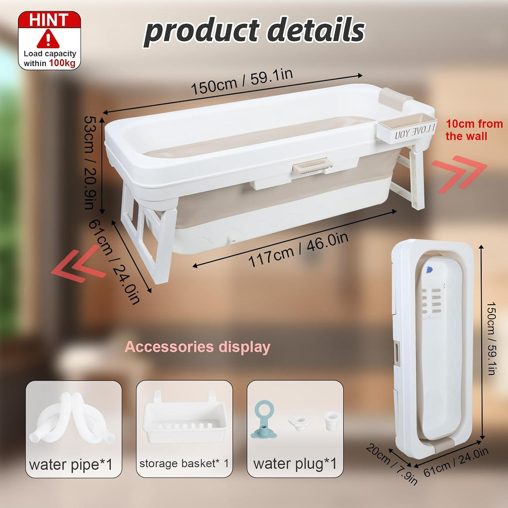 Portable Bathtub Free Standing Tub, Large Soaking Tub, Foldable Bathtub for Adults Bathtubs for Bathroom, Ice Bath, Sitz Bath, Freestanding Bathtubs with Massage Board, Adult Pool Beige 59 I