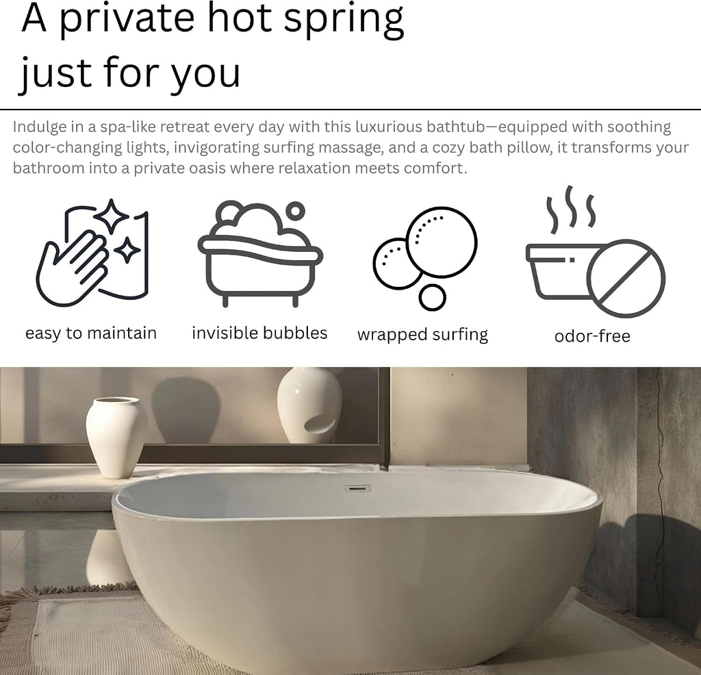 KEIKI 67' Whirlpool and Air Bath Soaking Tub, Freestanding Acrylic Spa Bathtub with 6 Body Jets & 8 Air Bubble Jets, Adjustable Speed Air Blower & Air Control Switch, Milk White