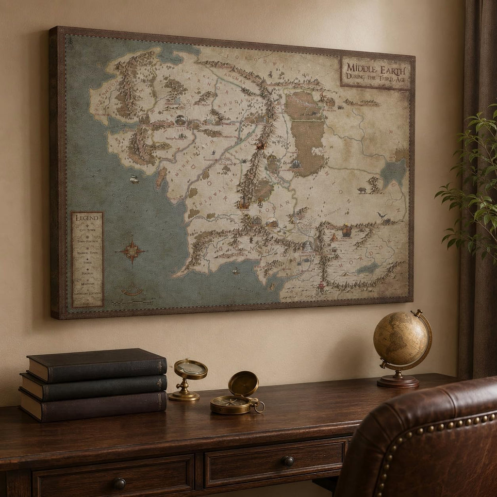 Middle Earth Map Canvas Wall Art Movie Map HD Print - Retro Middle EarthMap Canvas Painting for Home Wall Decor, Vintage Movie WorldMap Poster Framed Artwork for Home Office Decor (32'Hx48'W)