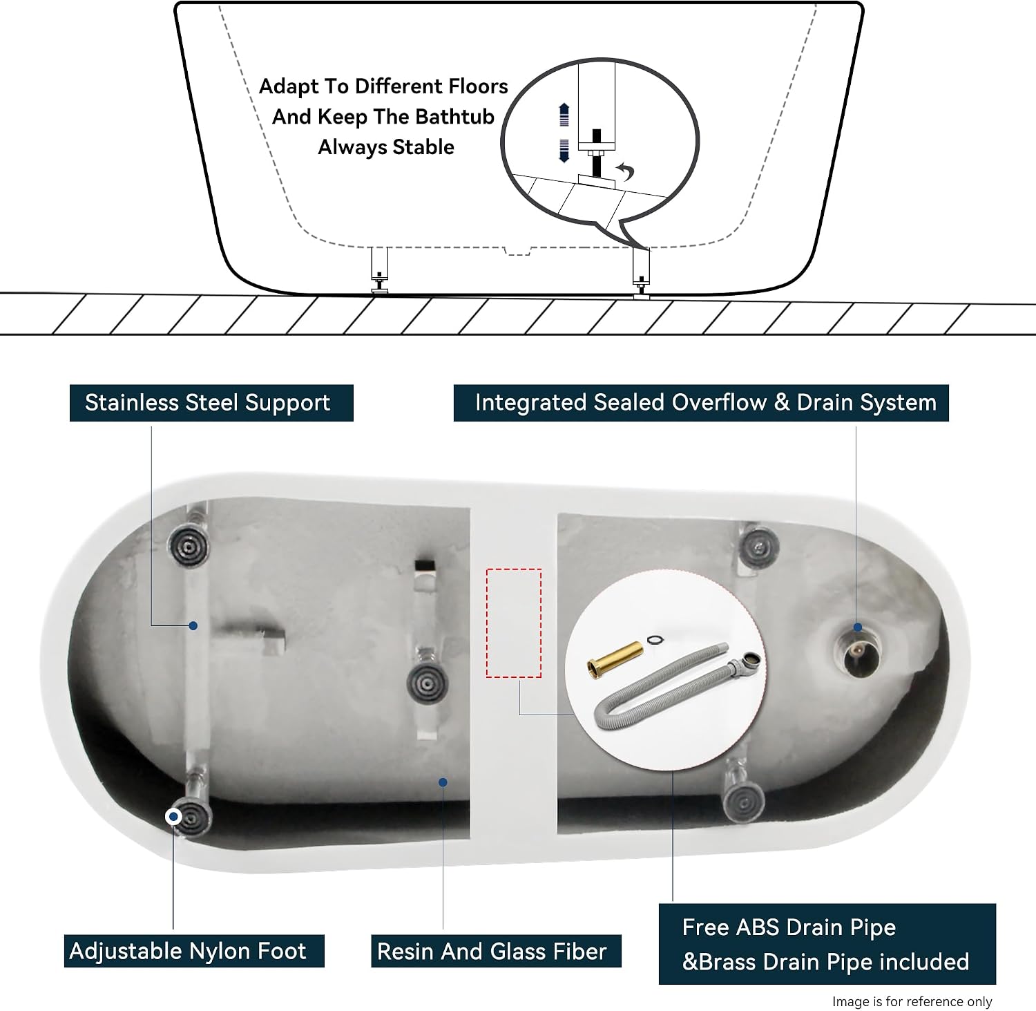 FerdY Langkawi 67' Acrylic Freestanding Bathtub, White Modern Stand Alone Soaking Bathtub, cUPC Certified, Brushed Nickel Drain & FerdY Back Scrubber for Shower,Long Handled Loofah on a Stick