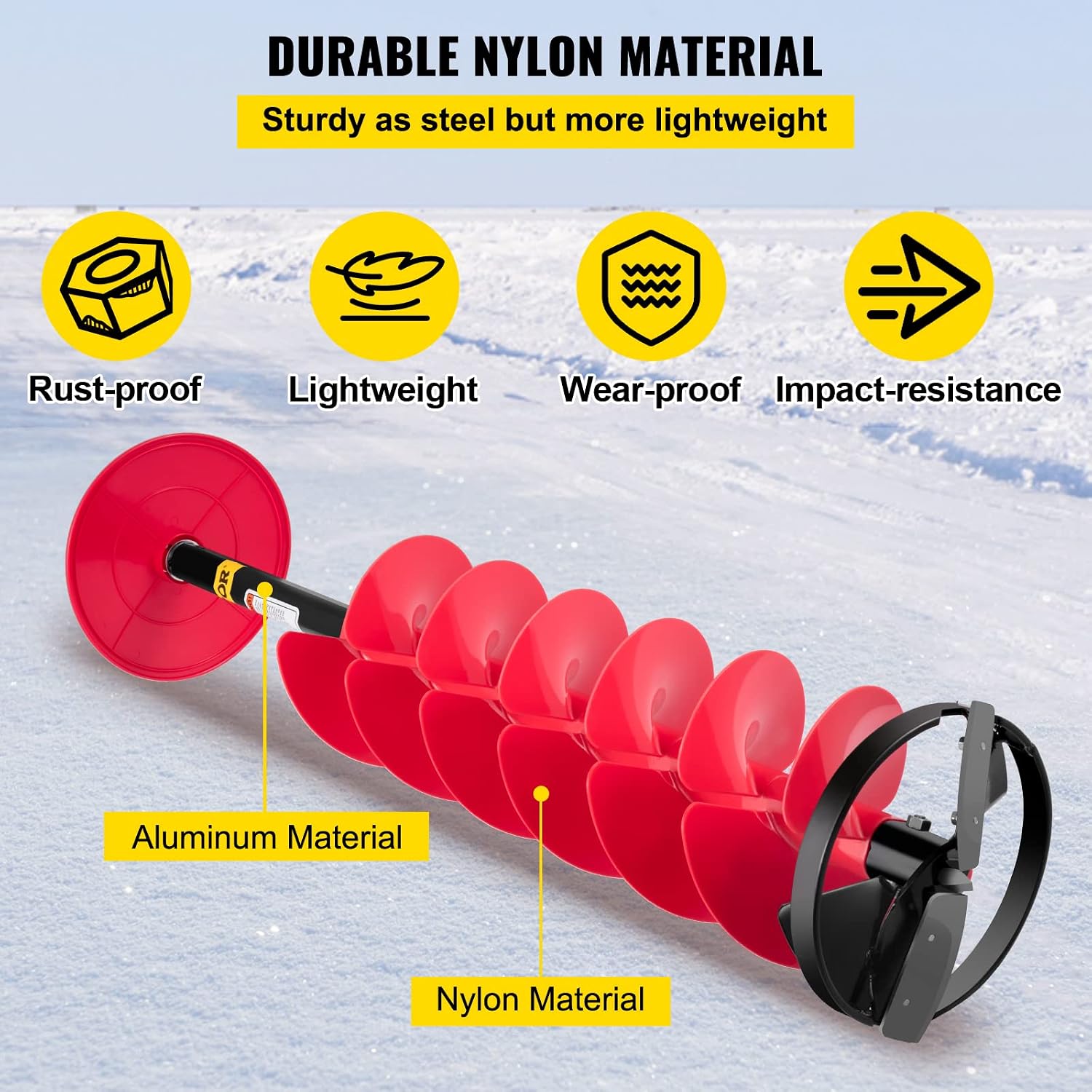 VEVOR Ice Auger, 8' Diameter Ice Fishing Auger Drill Bit, 39' Length Nylon Corless Ice Augers for Ice Fishing with Extra 11.8' Extension Rod, Drill Adapter, Top Plate and Blade Guard