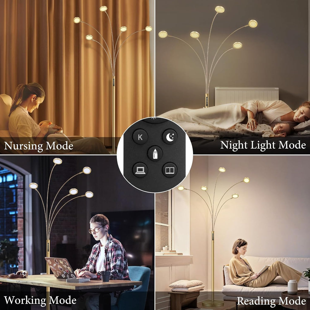 LED Arc Floor Lamp with Remote, 2250LM Dimmable Gold Floor Lamp with Timer, Adjustable Colors, Brightness & 5 Adjustable Arms, Multi-Head Tall Tree Standing Lamp for Living Room Bedroom Corner Office