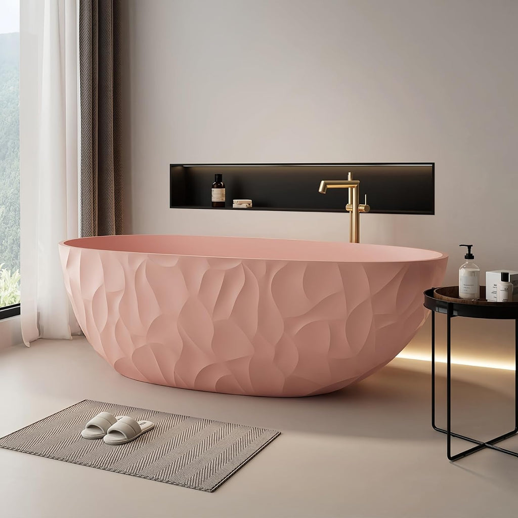 59' Edeyeu Luxury Freestanding Bathtub – Modern Solid Surface Bathtub With Ripple Design, Extra Deep Soaking Tub, Ergonomic Stand Alone Tub For Contemporary Luxury Bathrooms E