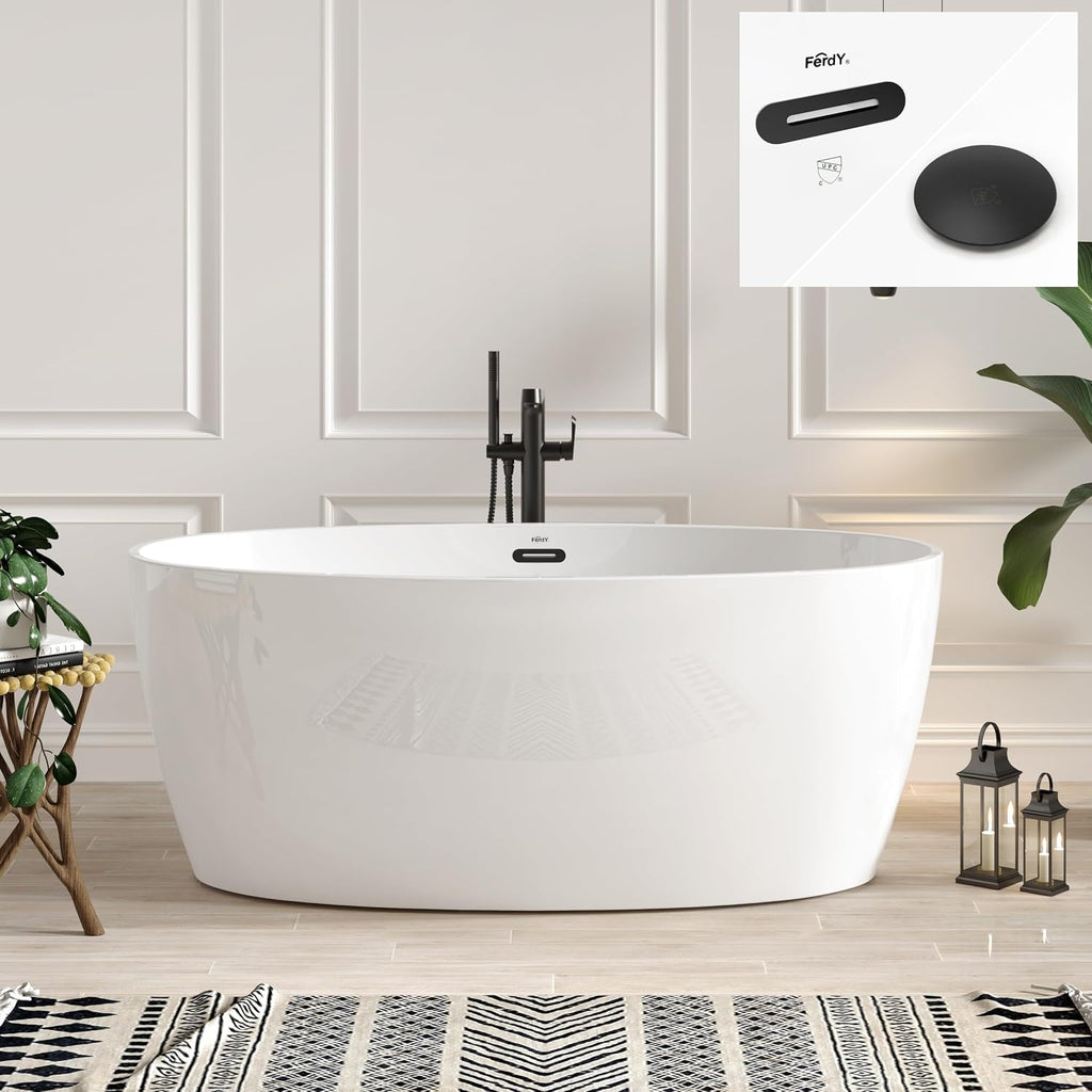 FerdY Tahiti 59' Acrylic Freestanding Bathtub, Elegant Oval Shape Soaking Bathtub, Glossy White, Matte Black Drain & Back Scrubber for Shower,Long Handled Loofah on a Stick, Soft PE Mesh Back Sponge