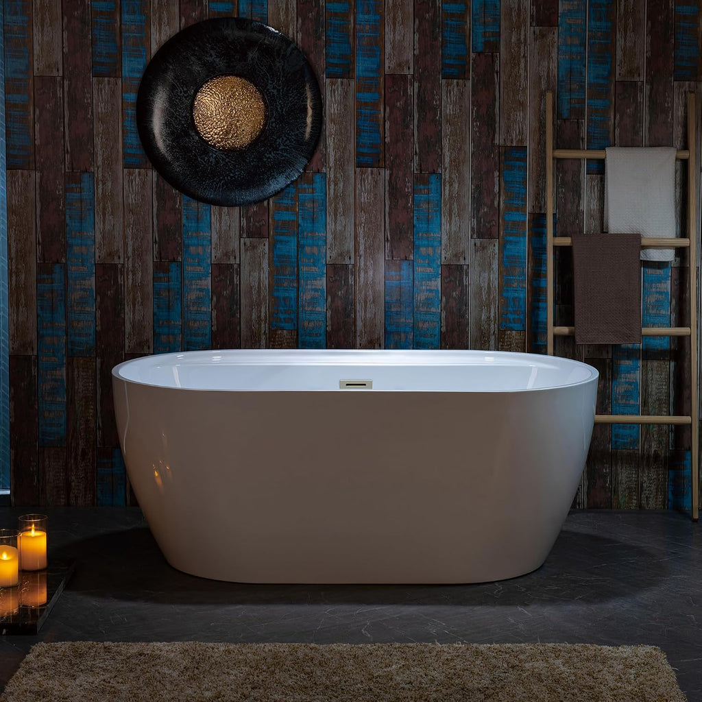 WOODBRIDGE 59' Acrylic Freestanding Bathtub Contemporary Soaking White Tub with Brushed Nickel Overflow and Drain,B0064-B/N