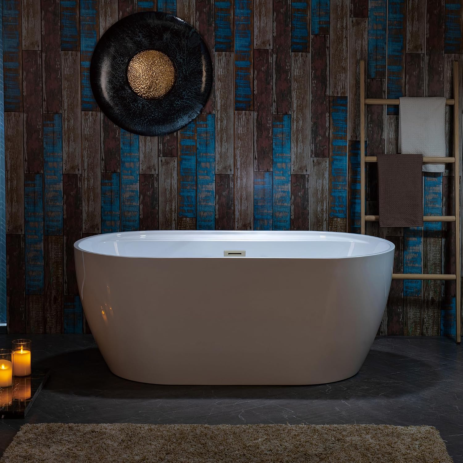 WOODBRIDGE 59' Acrylic Freestanding Bathtub Contemporary Soaking White Tub with Brushed Nickel Overflow and Drain,B0064-B/N