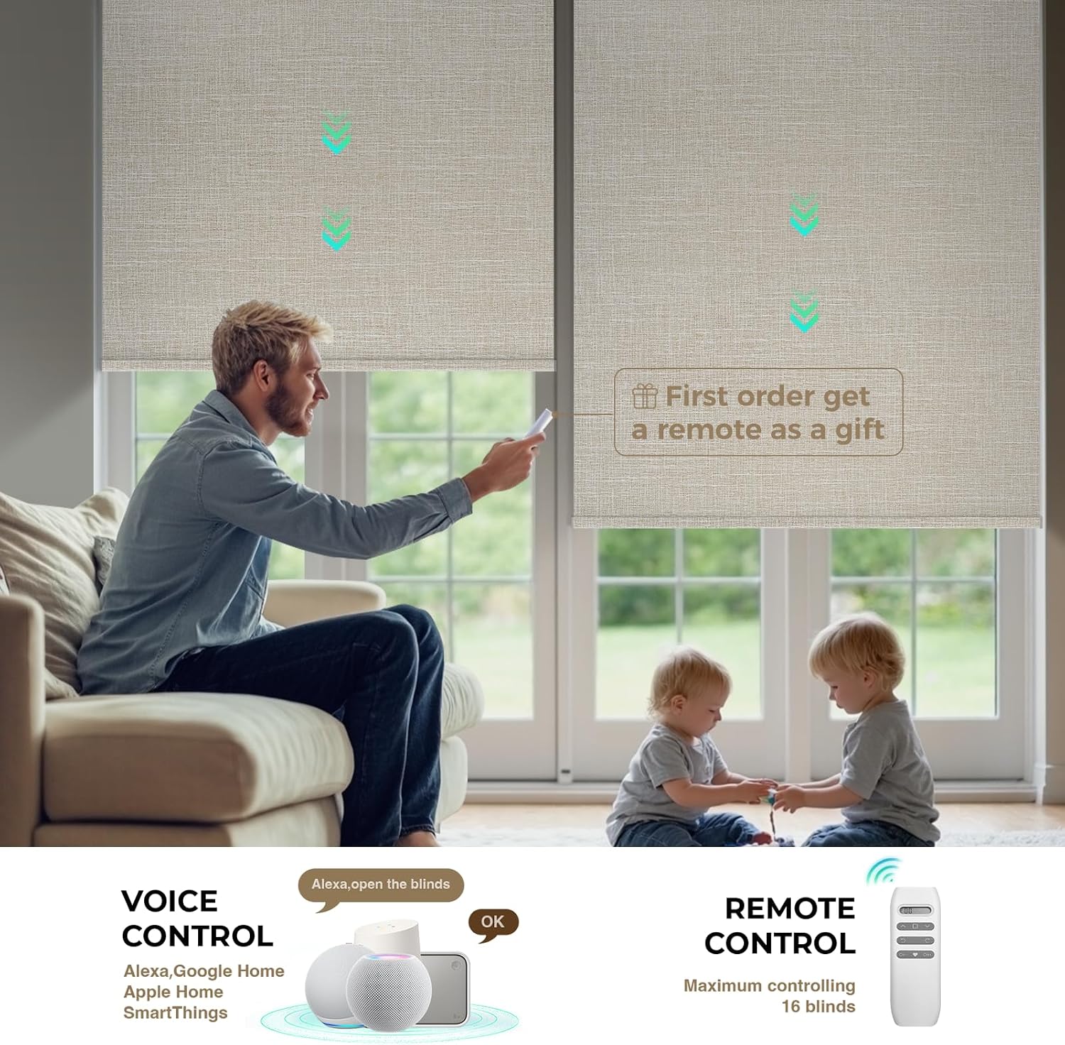 HeyBlinds Motorized Blinds with Remote, 100% Blackout Smart Blinds, Automatic Shades for Windows Compatible with Alexa Google and Homekit, Custom Size(Grace-Latte BO)