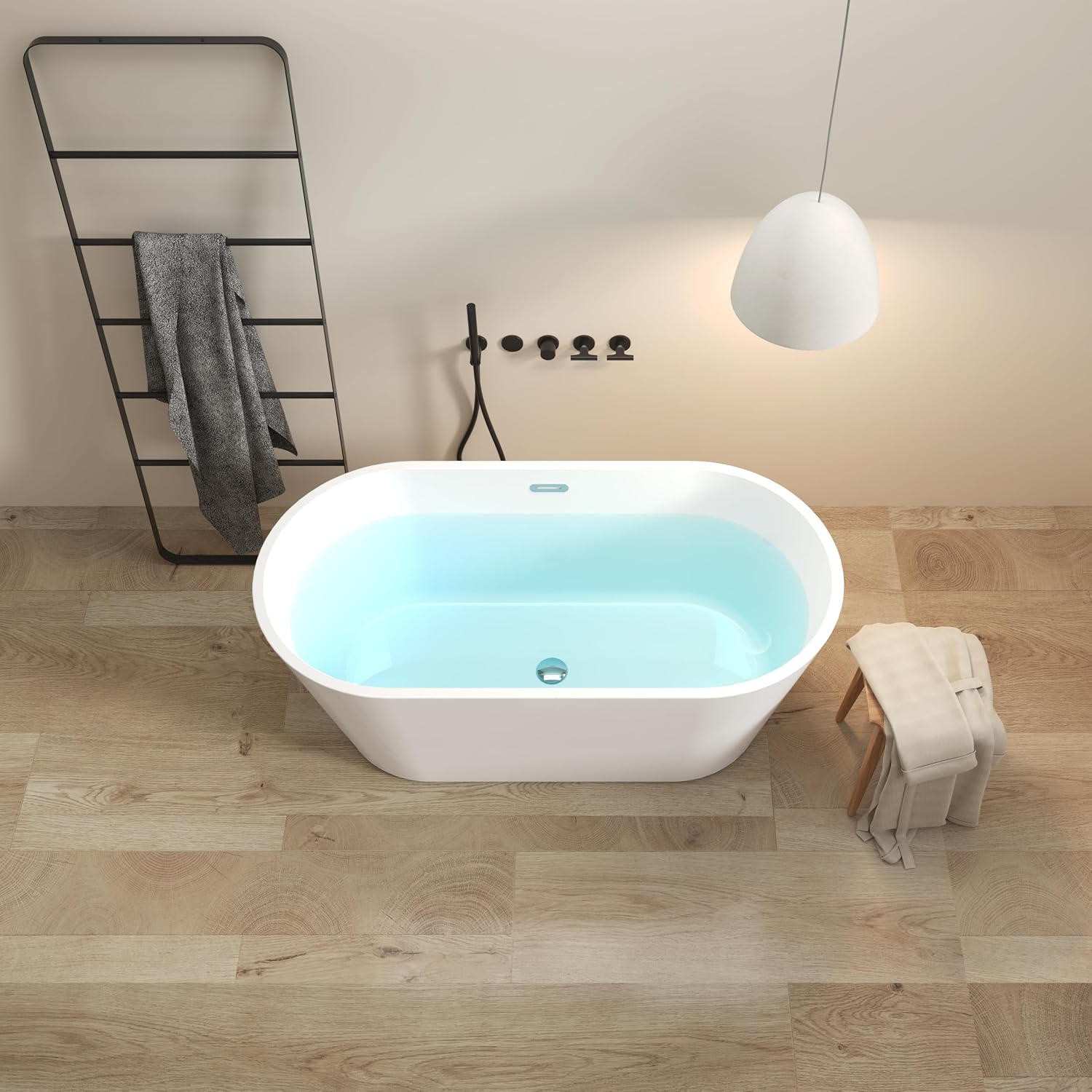 59' Acrylic Freestanding Bathtub, Modern & Contemporary Design Soaking Tub with Toe-tap Drain in Chrome and Classic Slotted Overflow, Glossy White, cUPC Certified, 02136