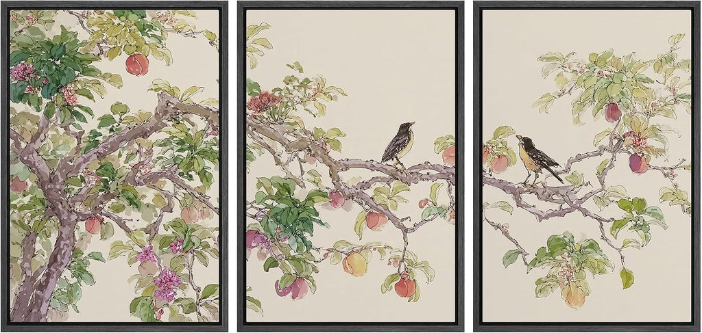 wall26 Framed Print Wall Art Set Watercolor Fruit Tree Branch with Birds Botanical Decorative Minimal Relax/Zen for Living Room, Bedroom, Office - 16'x24'x3 BLACK