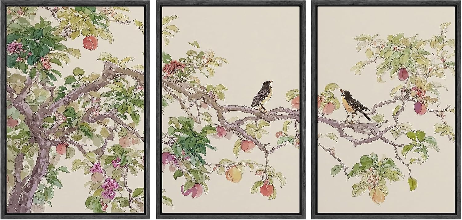 wall26 Framed Print Wall Art Set Watercolor Fruit Tree Branch with Birds Botanical Decorative Minimal Relax/Zen for Living Room, Bedroom, Office - 16'x24'x3 BLACK