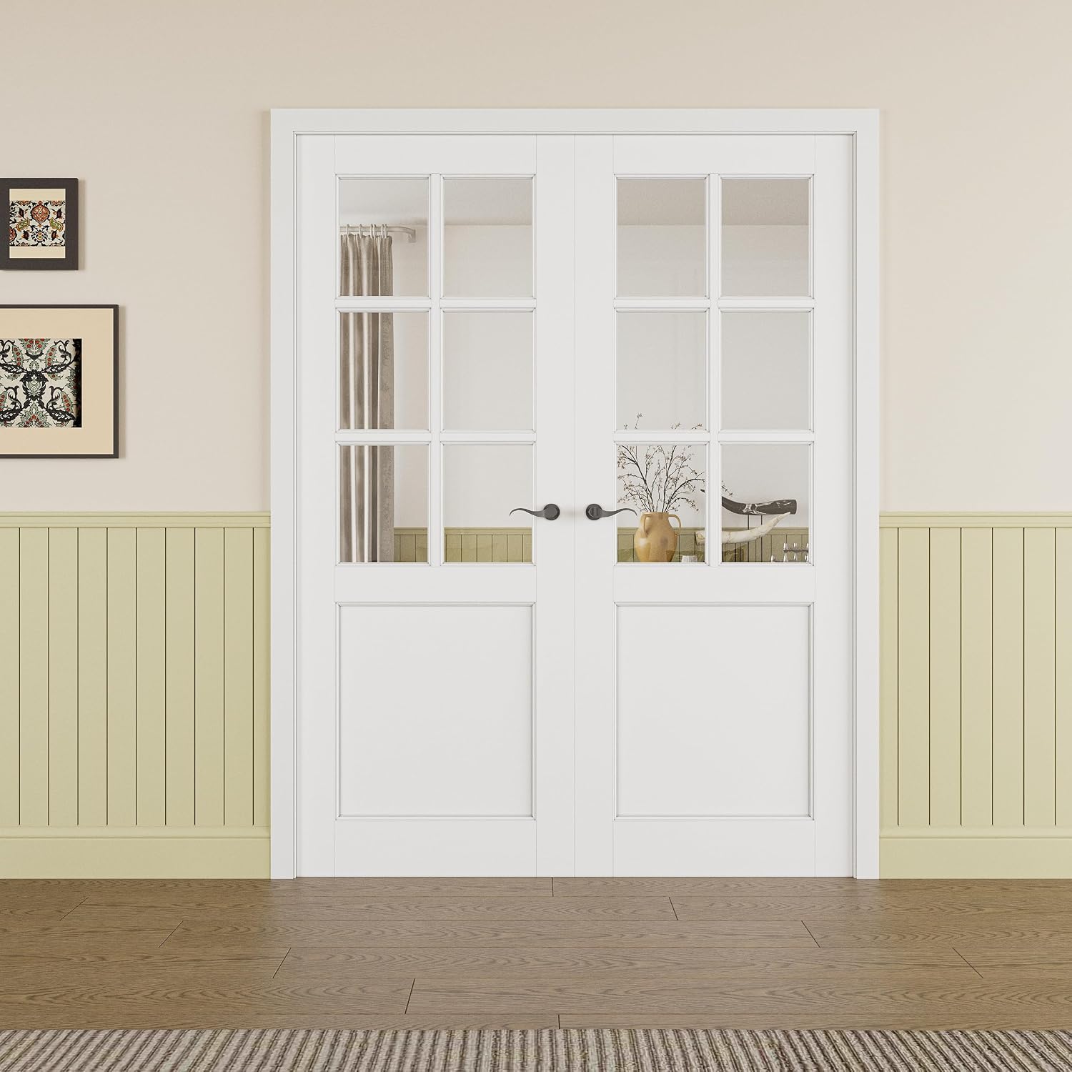 Prehung French Door 72'x80' (2x36 in), 6-Lite Tempered Clear Glass Door Slabs with Jamb, Black Hinges, 4 Levers & Latch, Solid Core Interior Door, Pre-Finished & Paintable, MDF Double Doors Interior