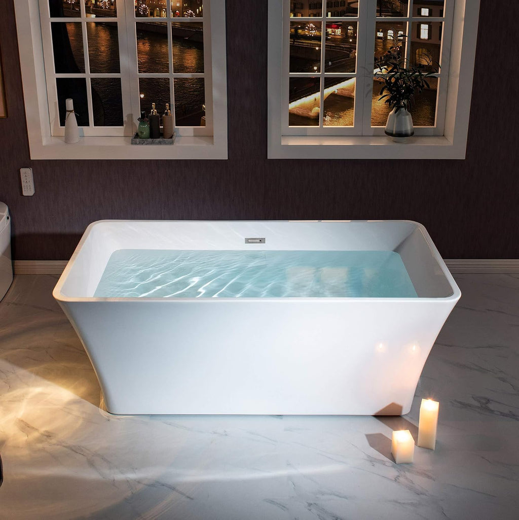 WOODBRIDGE 59'Freestanding White Acylic Soaking Bathtub with White Pillow,Drain and Overflow inChrome,BTA1509 -C-Drain &O+ Pillow