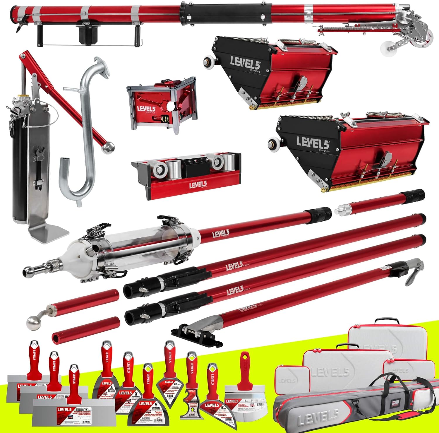 Full Taping/Finishing Set, High Capacity Boxes + Ext. Handles - LEVEL5 | Auto Taper, 7'/10' MEGA Boxes, 3' Angle Head, MiniShot, Corner Roller, Ext. Handles, Pump, Gooseneck | 4-671