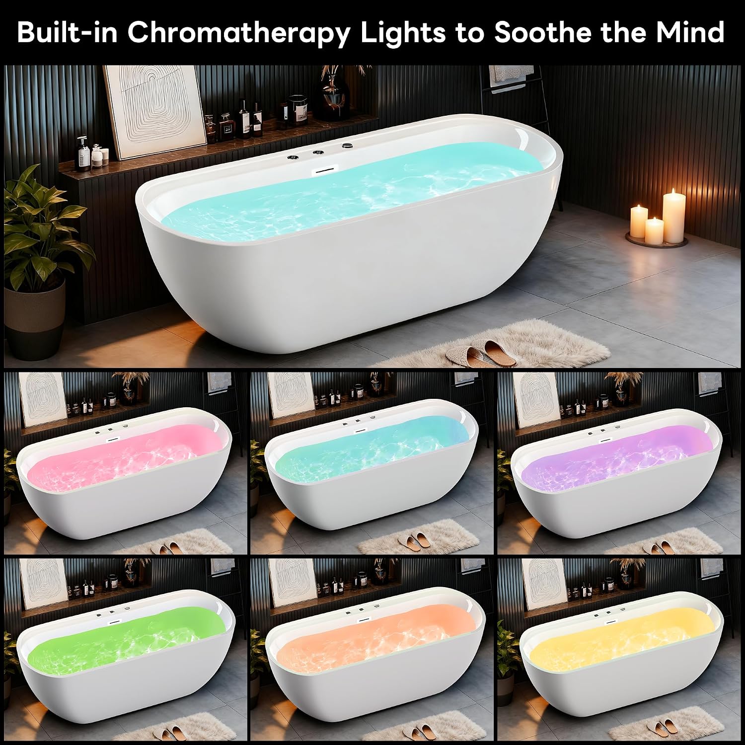67' Freestanding Whirlpool Bathtub, Jetted Tub with 6 Hydro Massage Jets & 8 bubble bath jets, Chromatherapy Color-Changing LED Light & Pneumatic adjust system, Air Bath Soaking, Acrylic, UL Certified