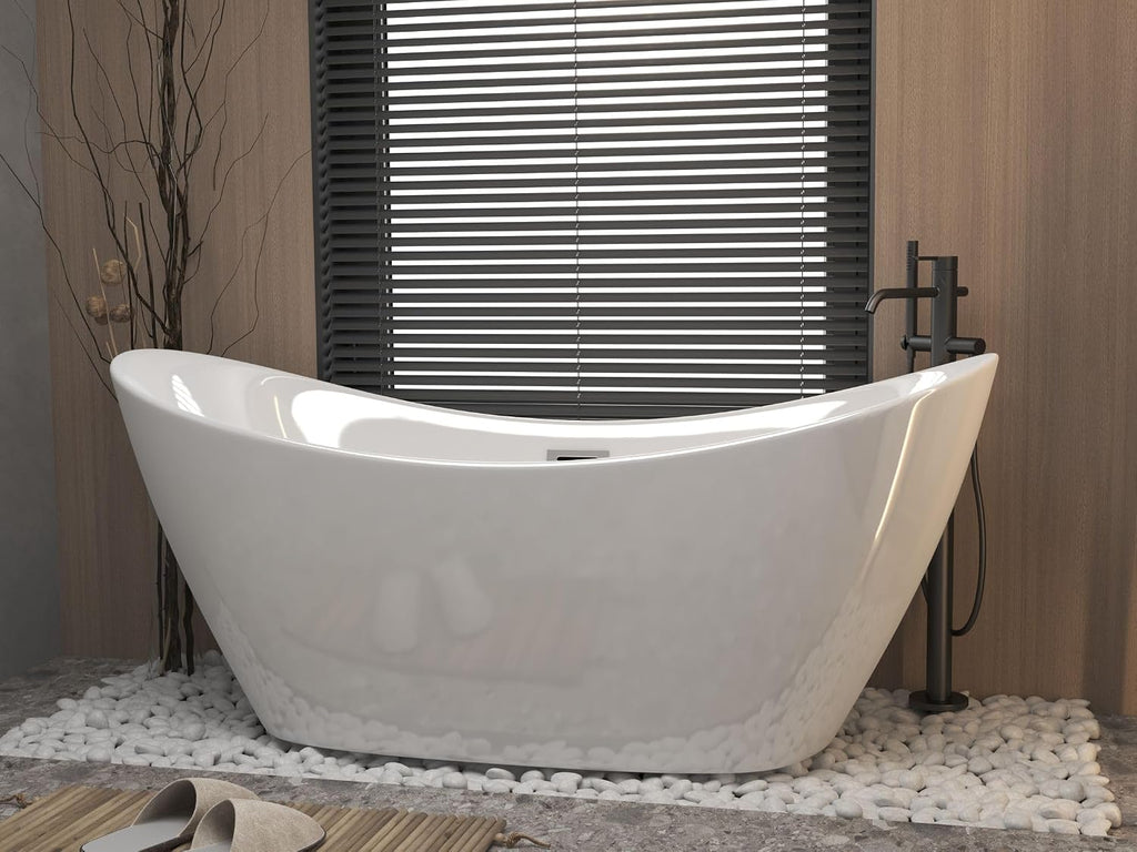 Freestanding Bathtub 67' Acrylic Contemporary Free Standing Tub Ship Shape Oval Acrylic Soaking Bath Tubs with Chrome Pop-Up Drain & Overflow, White