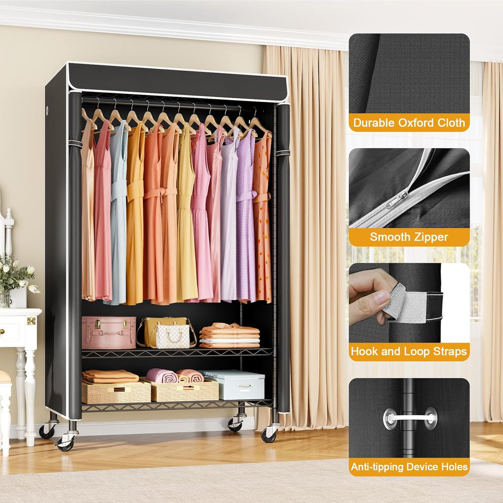 ULIFHOME P6C Rolling Clothes Rack with Cover, Covered Clothing Racks Heavy Duty, Portable Closet for Hanging Clothes, Garment Racks on Wheels, Black Closet Rack with Black Cover, Max Load 365LBS