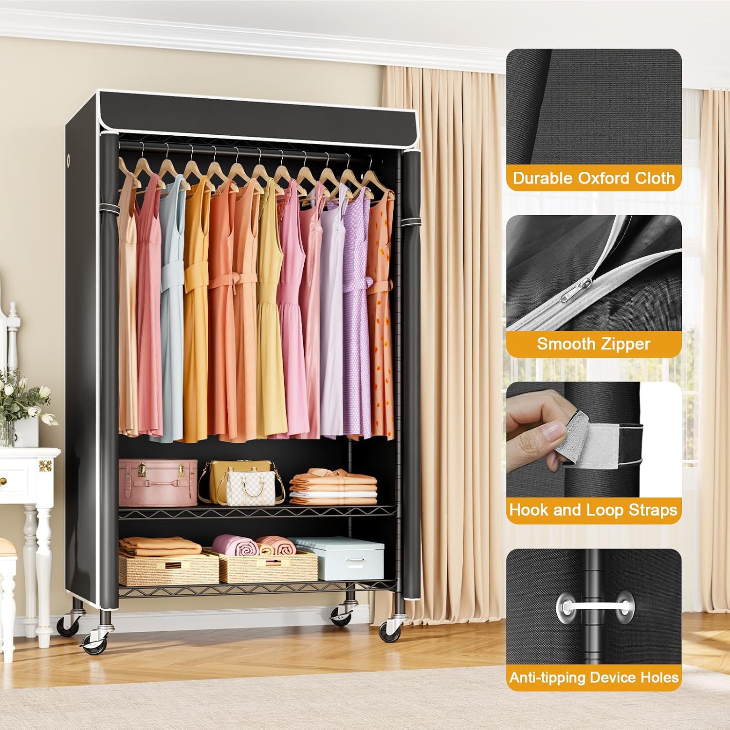 ULIFHOME P6C Rolling Clothes Rack with Cover, Covered Clothing Racks Heavy Duty, Portable Closet for Hanging Clothes, Garment Racks on Wheels, Black Closet Rack with Black Cover, Max Load 365LBS