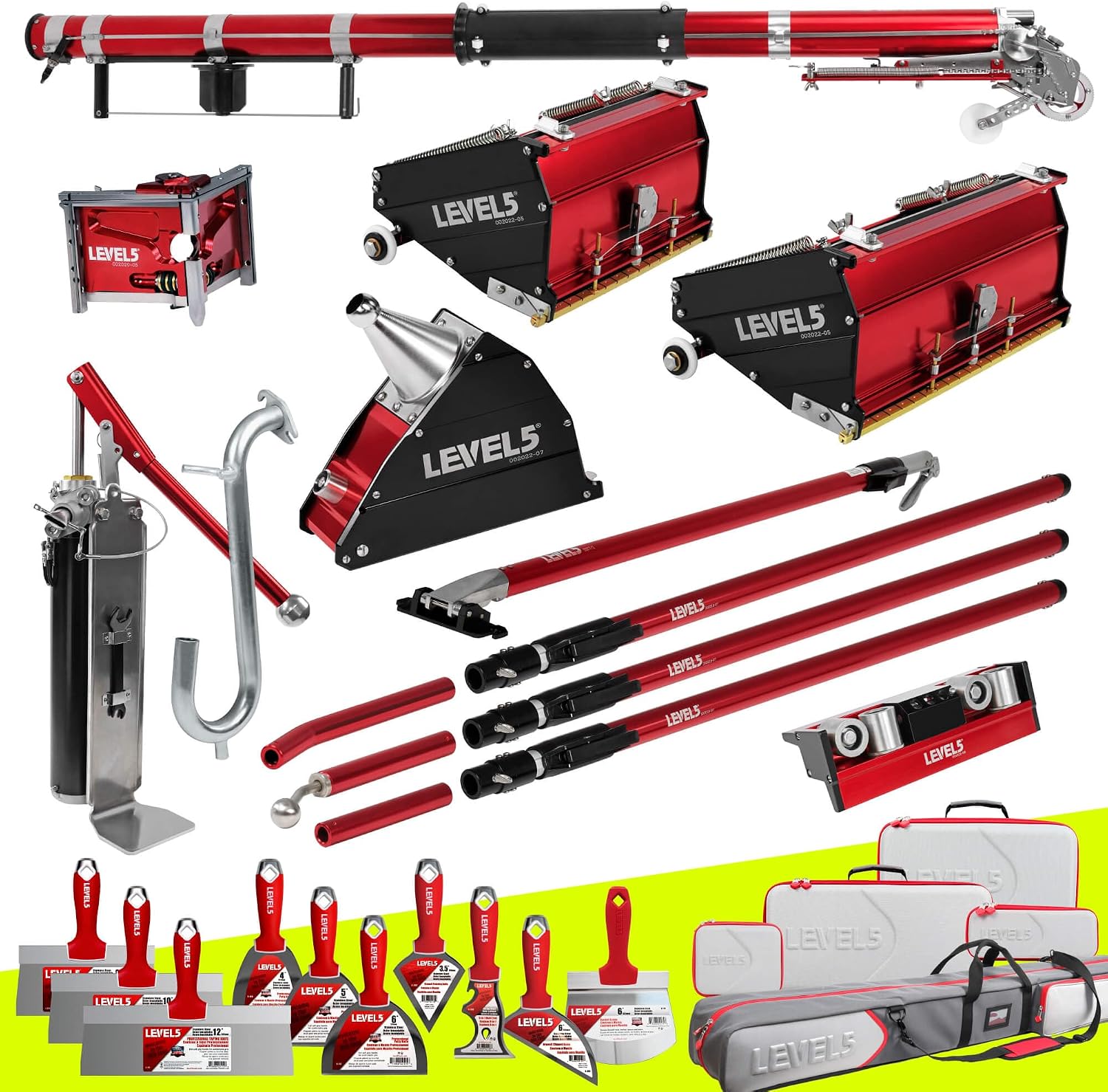 Full Taping/Finishing Set, High Capacity Boxes + Ext. Handles - LEVEL5 | Auto Taper, 7'/10' MEGA Boxes, 3' Angle Head, 7' Corner Applicator Box, Corner Roller, Ext. Handles, Pump, Gooseneck | 4-611