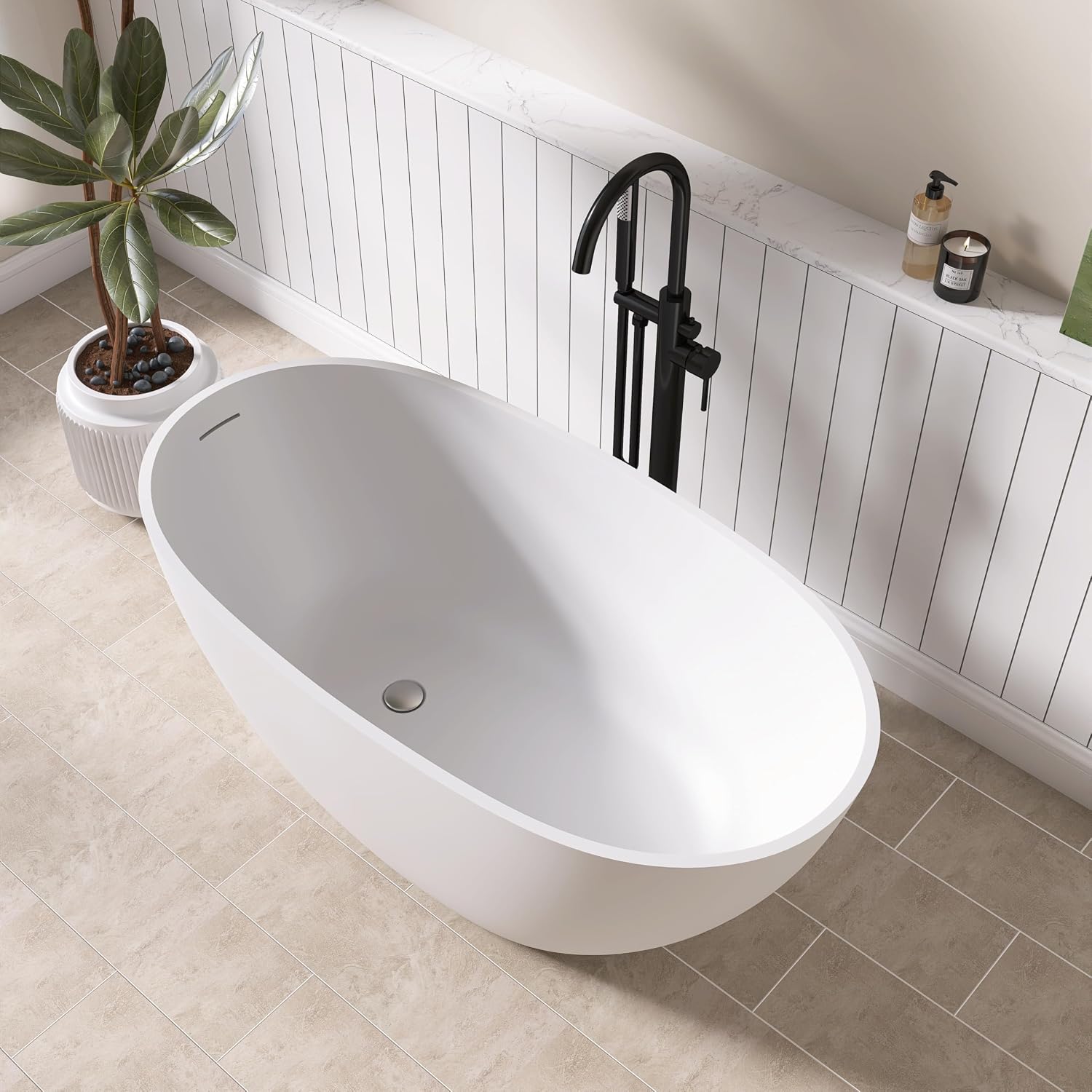 51' Freestanding Solid Surface Bathtub,Elegant Oval Design with Chrome Drain Luxurious Soaking Tub for Bathrooms, Stone Resin Freestanding Bathtub for Comfort,Matt White