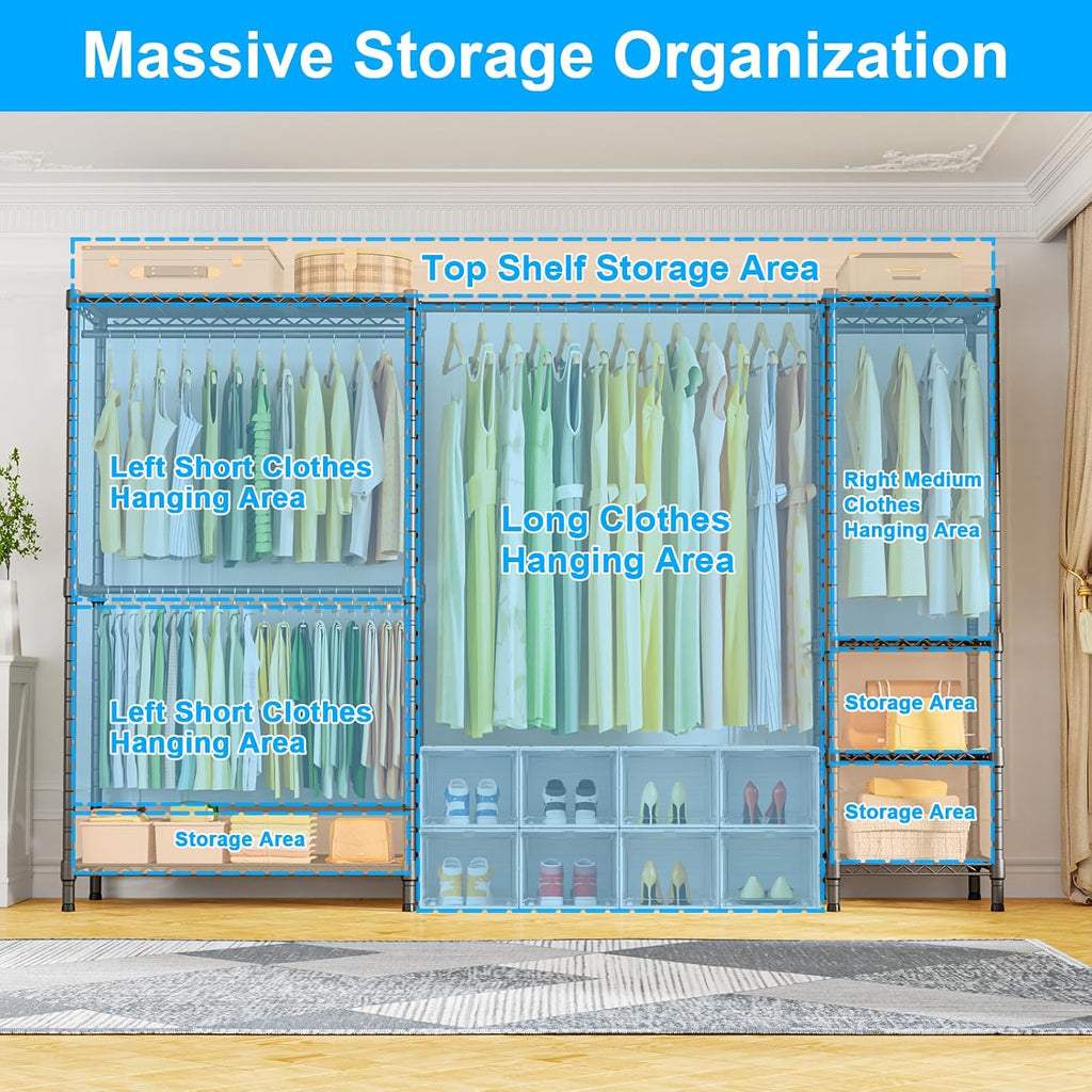 Ulif E10 (With Stretchable Hanger Rod) and E12C (With Black Dustproof Cover) Heavy Duty Closet Organizer System, Freestanding Clothing Rack for Hanging Clothes, Adjustable Garment Rack