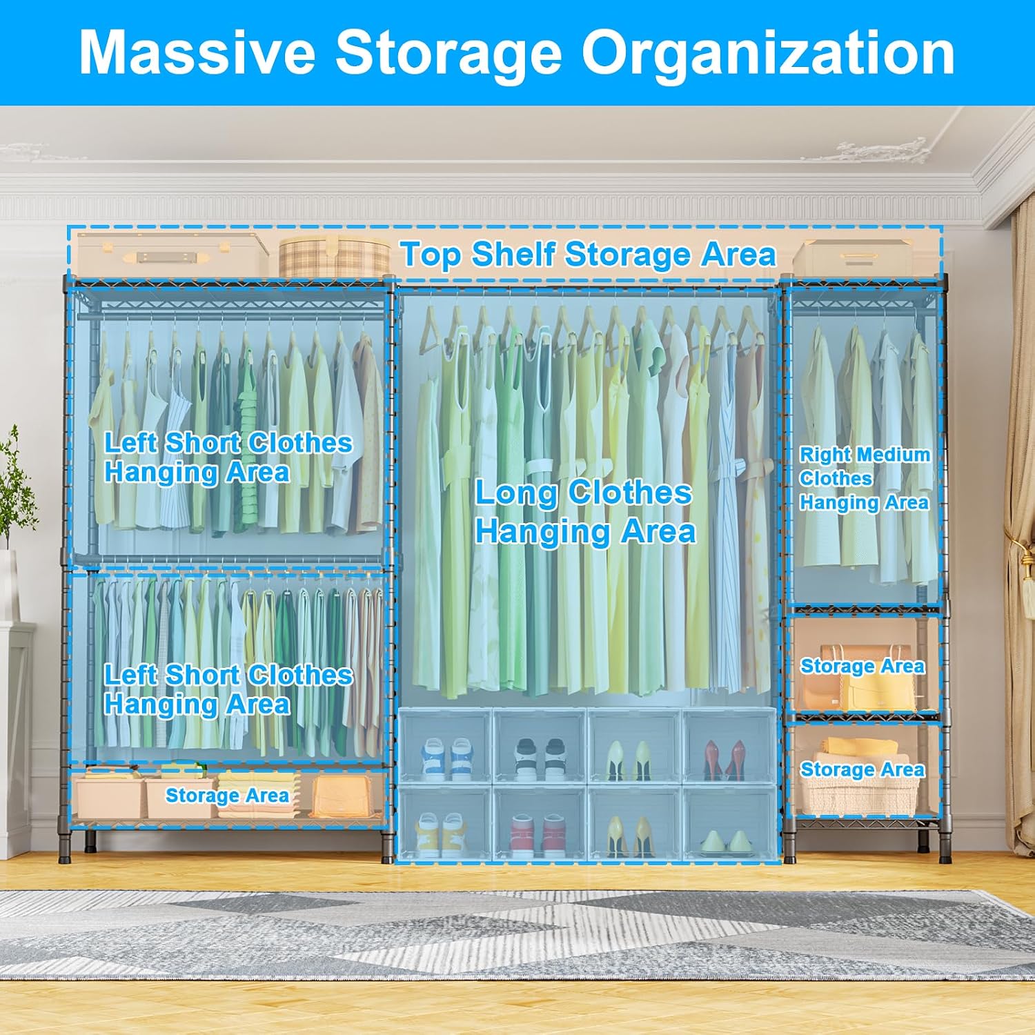 Ulif E10 (With Stretchable Hanger Rod) and E12C (With Black Dustproof Cover) Heavy Duty Closet Organizer System, Freestanding Clothing Rack for Hanging Clothes, Adjustable Garment Rack