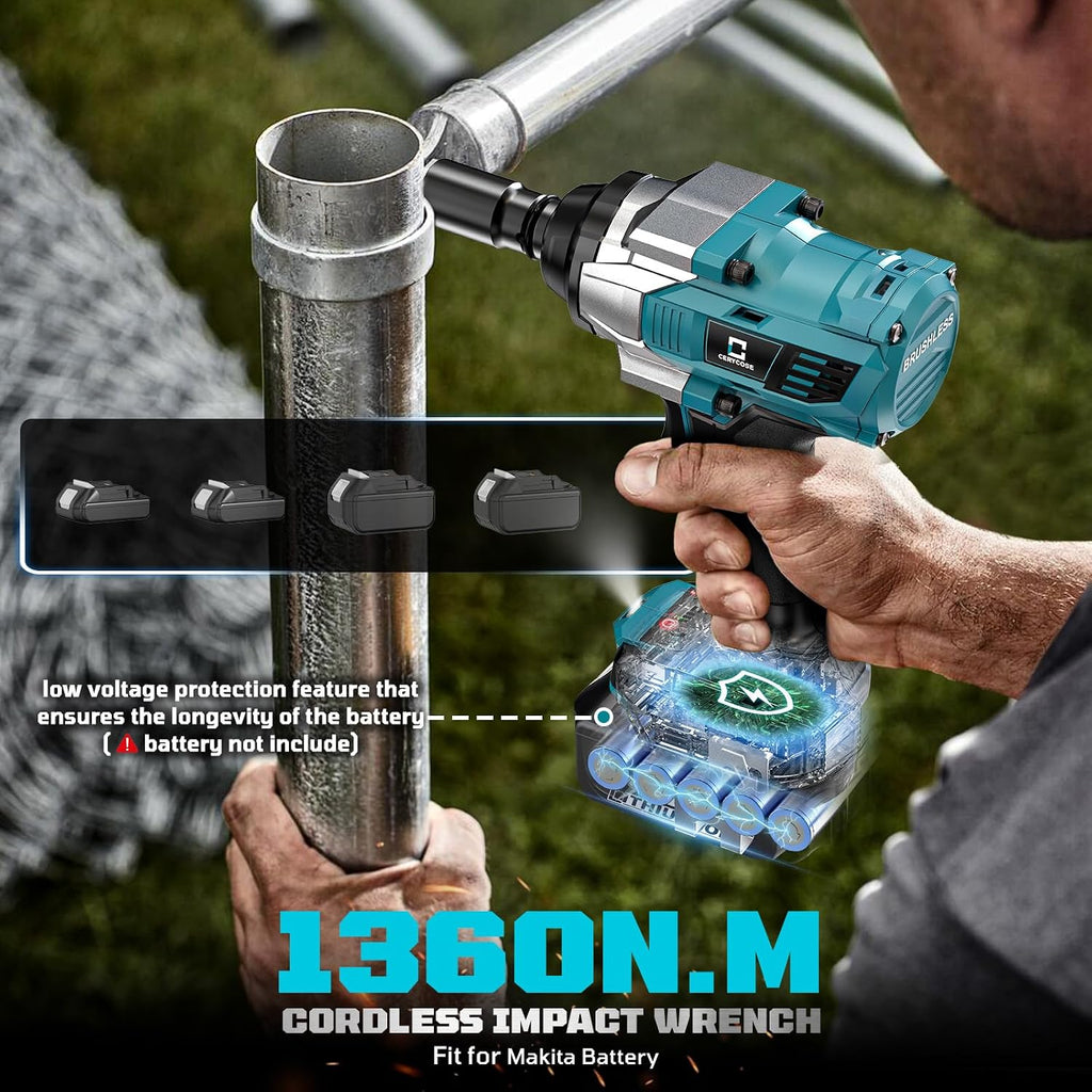 Cerycose Cordless Impact Wrench 1/2 inch for Makita Battery, 900Ft-lbs Brushless High Torque Impact Gun with 2x5.0AH Battery