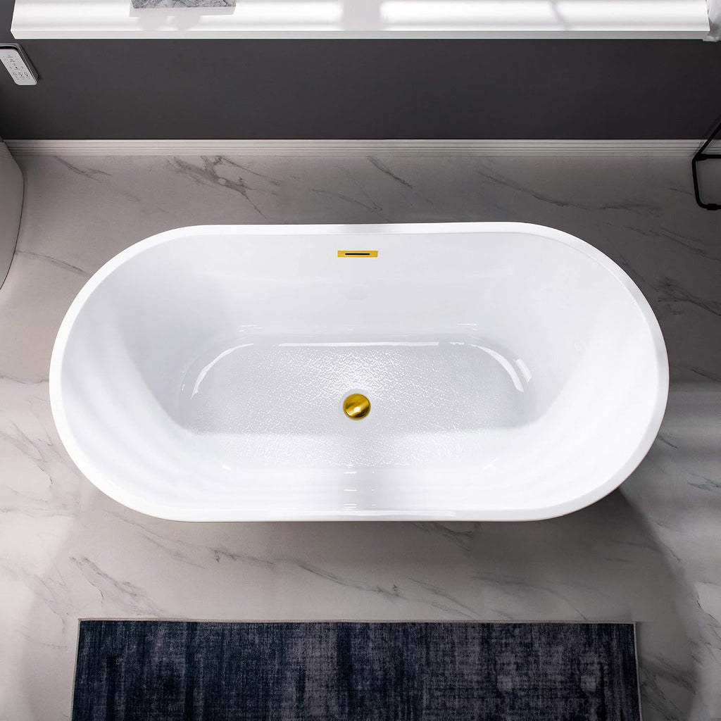 WOODBRIDGE 59' Freestanding White Acrylic Soaking Bathtub with Brushed Gold Drain and Overflow,BTA1514 -BG-Drain &O