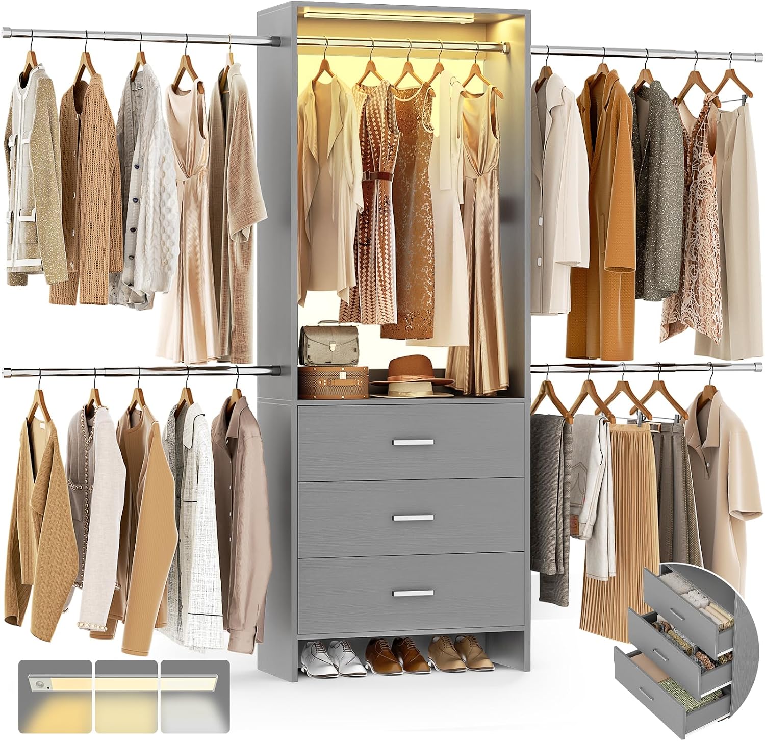 Aheaplus Closet System with Motion-Sensing Light, 3 Wooden Drawers and 4 Hanging Rods, Customizable Walk-in Closet Organizer with 3CCT LED, Heavy Duty Garment Rack for Bedroom,Grey