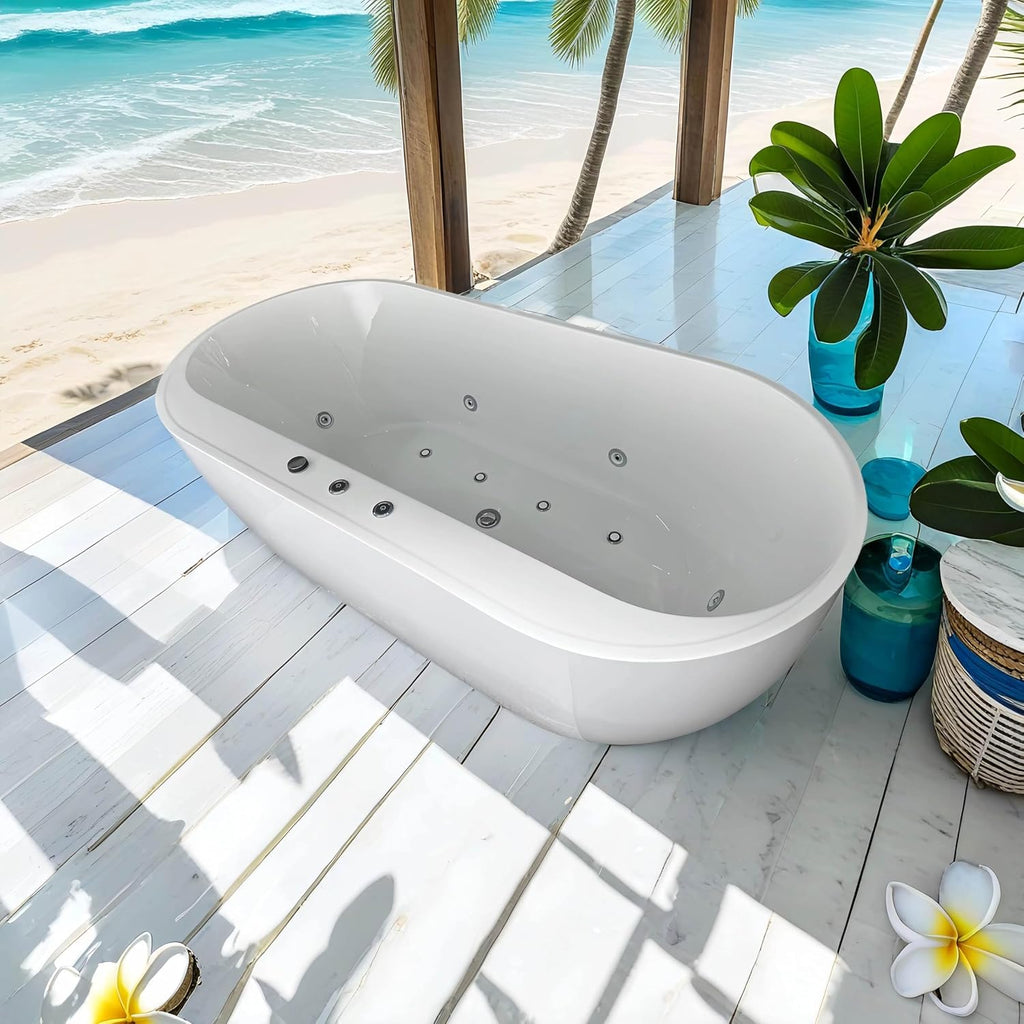 KEIKI 67' Whirlpool and Air Bath Soaking Tub, Freestanding Acrylic Spa Bathtub with 6 Body Jets & 8 Air Bubble Jets, Adjustable Speed Air Blower & Air Control Switch, Milk White