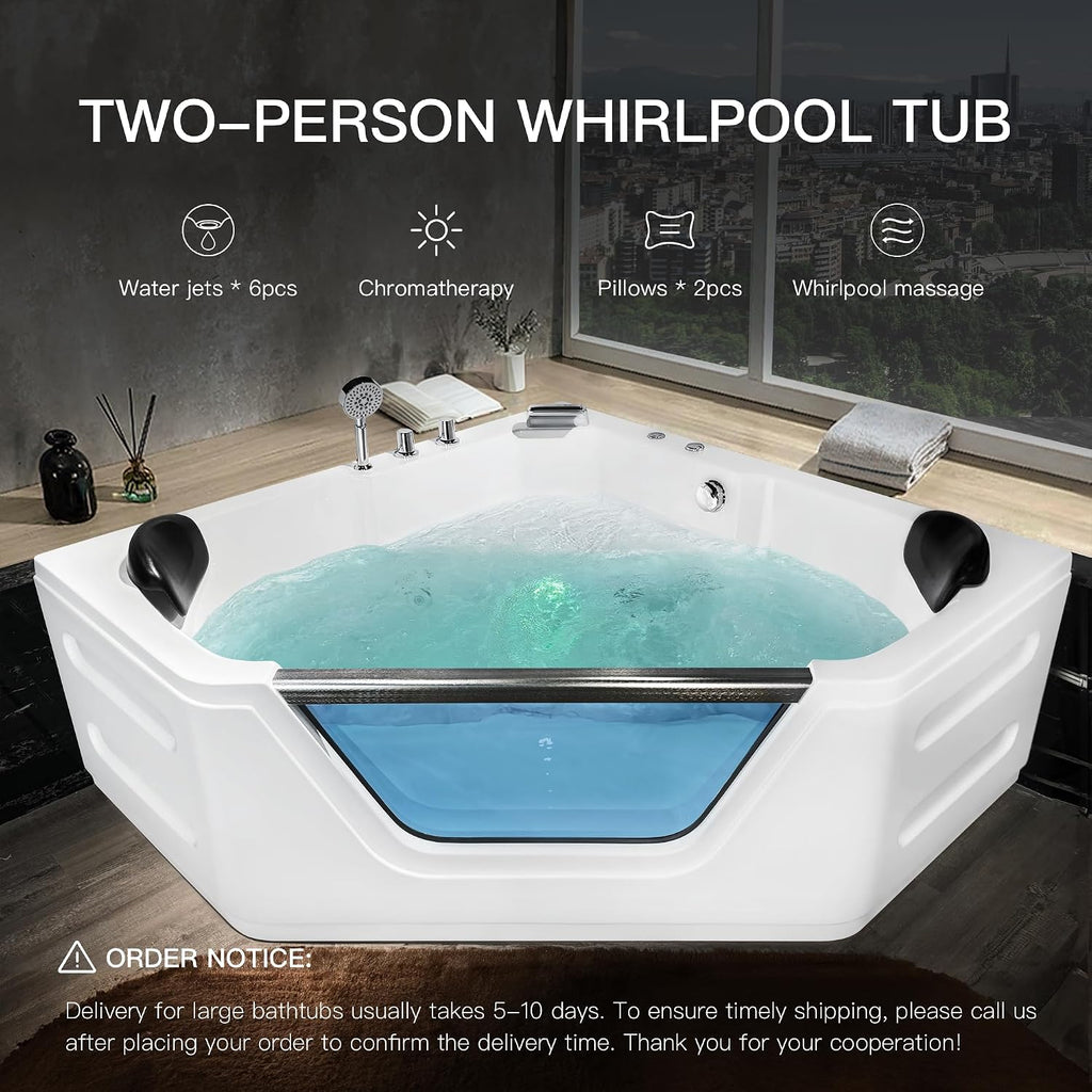 Corner Bathtub - 59'Jetted Soaking Bathtub for 2 Person with 7 Color Lights - Home Spa Bath tub with 6 Jets Hydro Massage Acrylic Soaking Tub with Double Pillow Chromatherapy - ETL Certified