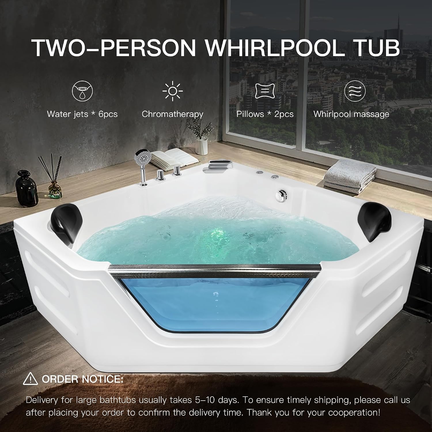 Corner Bathtub - 59'Jetted Soaking Bathtub for 2 Person with 7 Color Lights - Home Spa Bath tub with 6 Jets Hydro Massage Acrylic Soaking Tub with Double Pillow Chromatherapy - ETL Certified