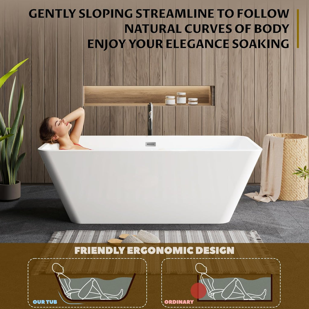 59' Modern Acrylic Freestanding Bathtub – Rectangular Soaking Tub with Chrome Drain & Streamlined Linear Overflow, Easy Installation, CUPC Certified, Glossy White