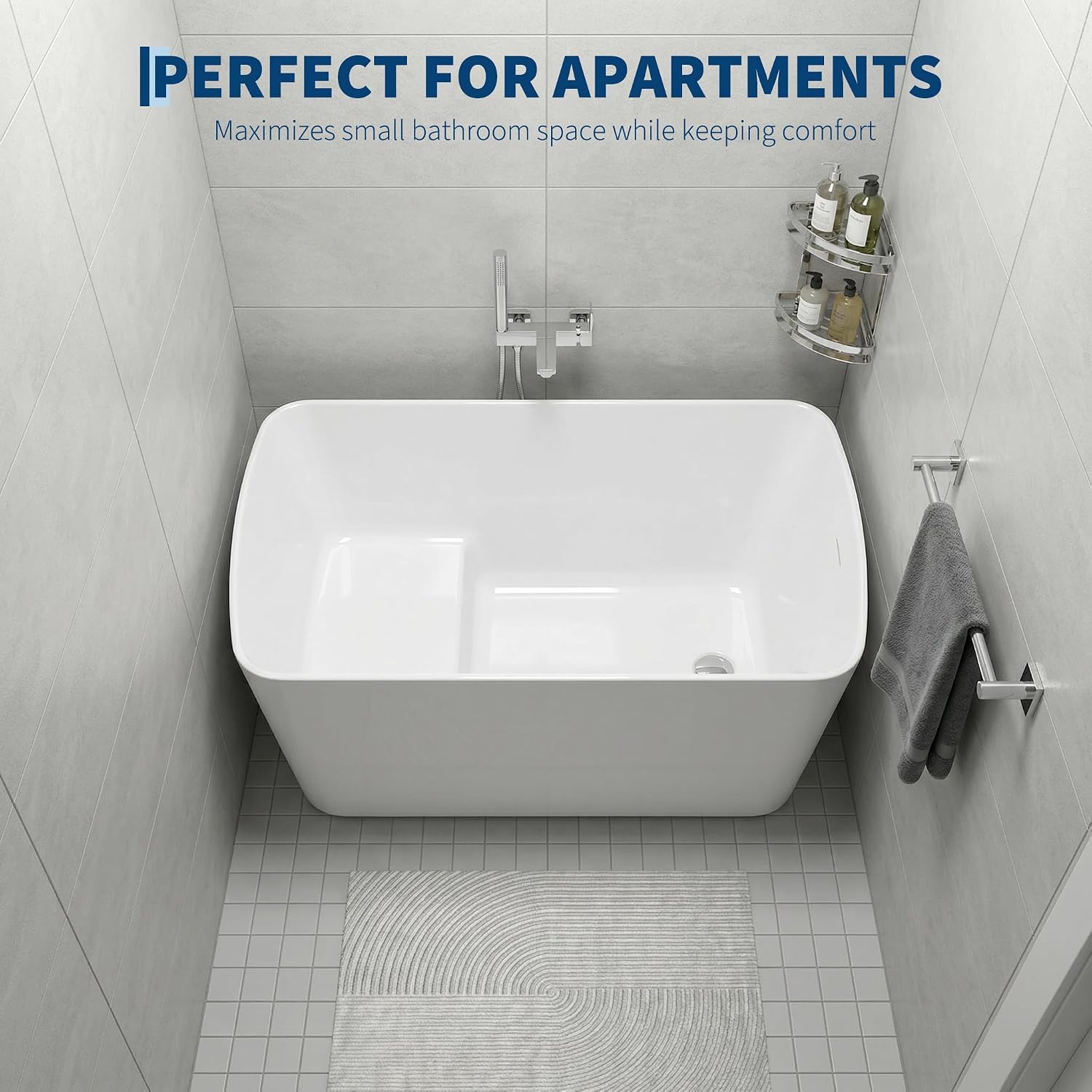 GarveeLife 55 InchFreestanding Acrylic Bathtub, Deep Soaking Tub with Non-Slip Base & Chrome Drain, Space-Saving Bathtub, Easy Install, CUPC CertifiedModern Tub for Bathrooms