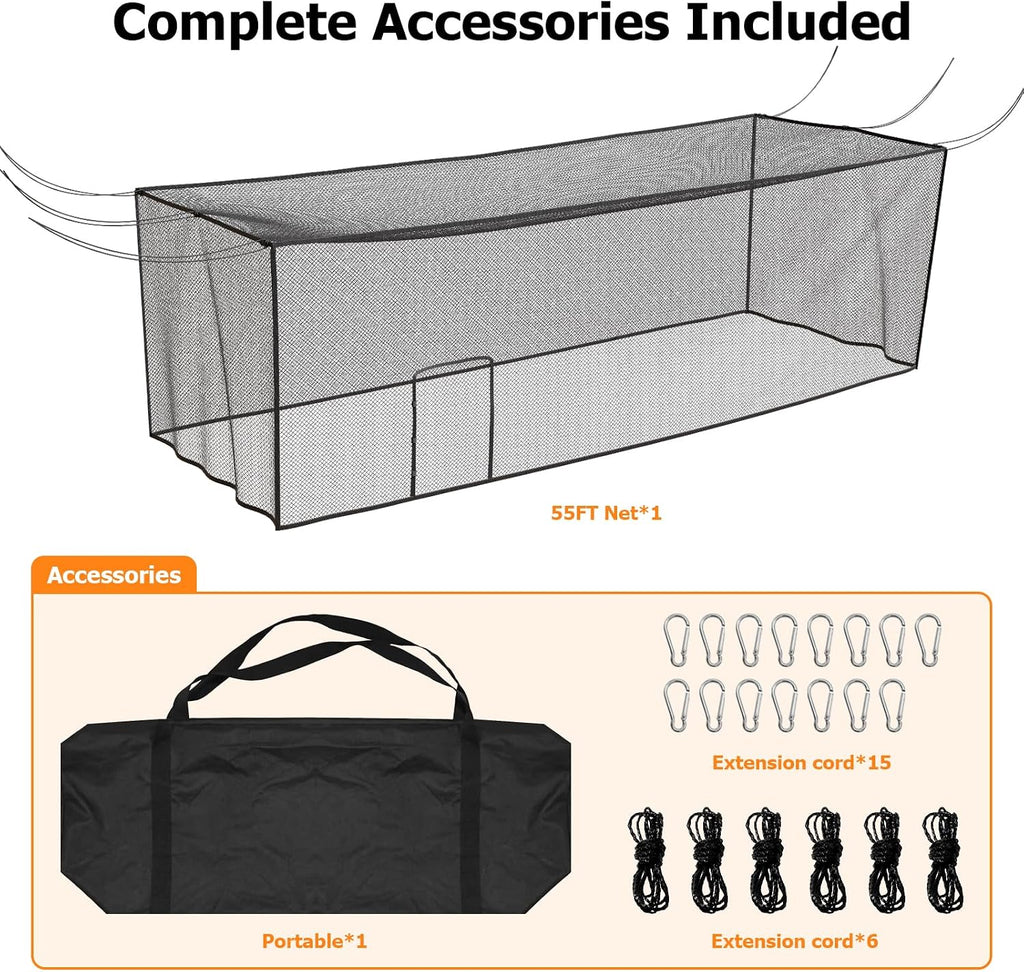 Batting Cage Net, UV-Stabilized HDPE, Black, 1-3/4' Square Mesh, Square-Hung, 1/4' Border Rope, Side Door – Baseball & Softball Netting – Sizes: 8x8x20ft,10x10x35ft,12x12x55ft, 12x14x70ft
