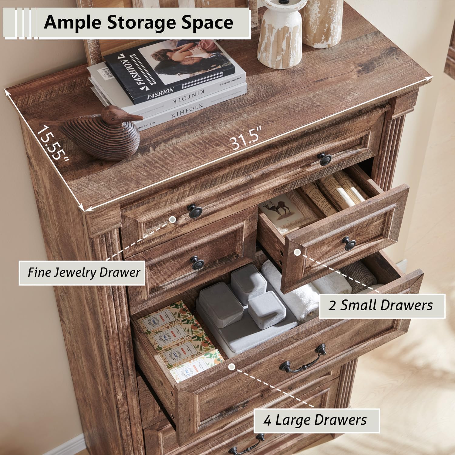 Aitjunz Farmhouse 7 Drawers Dresser for Bedroom, 57' Tall Large Dressers & Chests of Drawers w/Roman Column, Storage Dressers Organizer for Bedroom, Hallway, Living Room, Light Brown