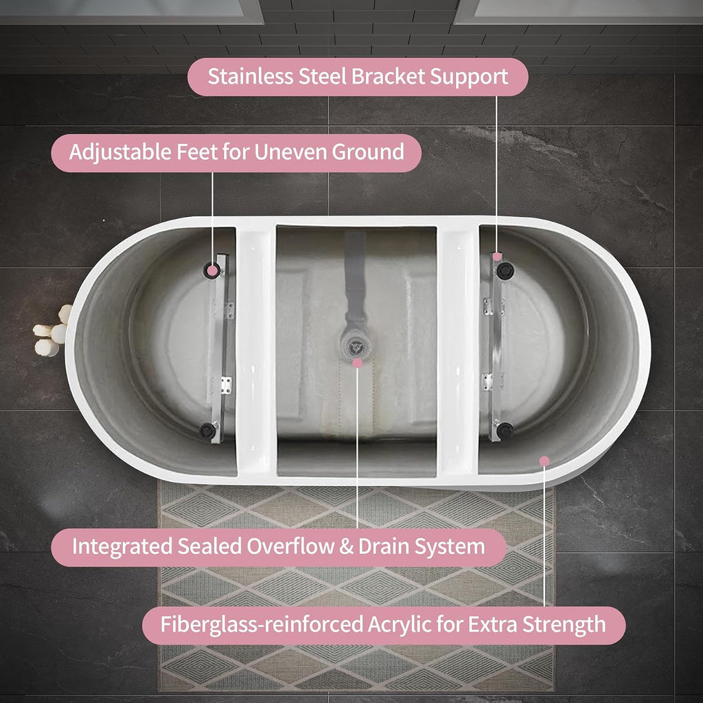 55' Acrylic Soaking Tub with Pop-up Drain & Integrated Overflow, Freestanding Bathtub with Double-Wall Insulation, Stand Alone Tub, Ergonomic, Easy Install (55')