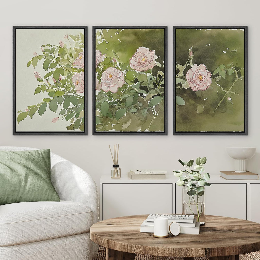 wall26 Framed Print Wall Art Set Blush Pink Rose Garden Botanical Decorative Minimal Relax/Zen for Living Room, Bedroom, Office - 16'x24'x3 BLACK