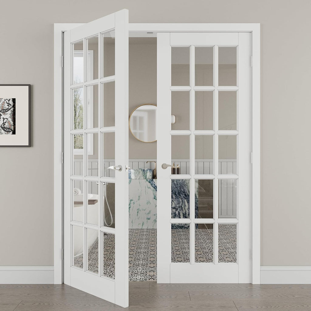 60' x 80' French Doors Interior (Double 30' x 80' 15-Lite Clear Glass Door with Silver Hinge Prehung Jamb Kit), Pre-Finished & Paintable, Prebuilt Home Door Panels & Assembly Required Jamb