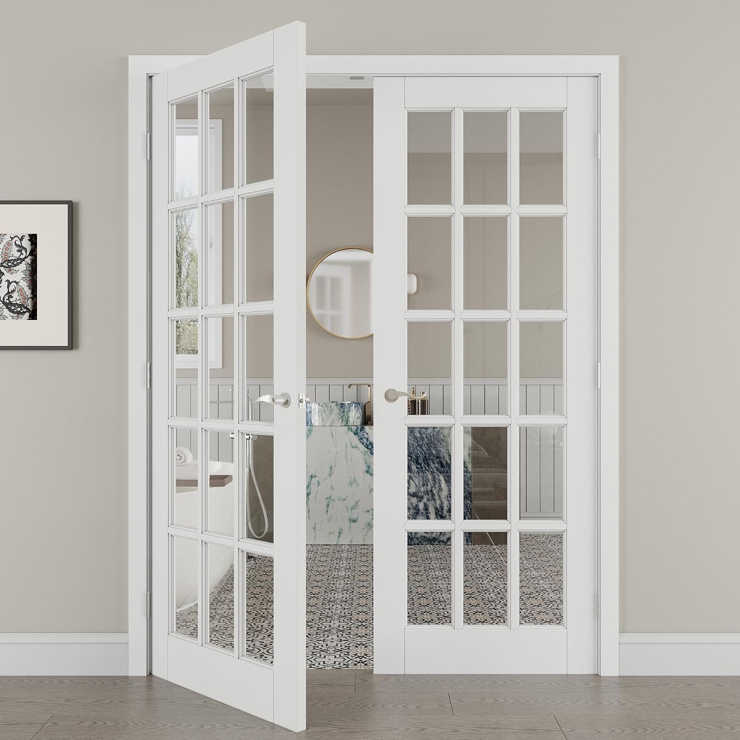 60' x 80' French Doors Interior (Double 30' x 80' 15-Lite Clear Glass Door with Silver Hinge Prehung Jamb Kit), Pre-Finished & Paintable, Prebuilt Home Door Panels & Assembly Required Jamb