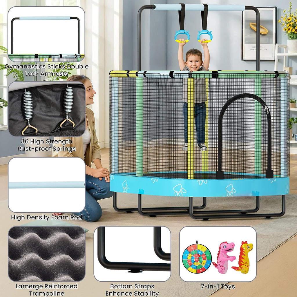 Lamerge Kids Trampoline, Indoor Trampoline Approved by ASTM, Safety Enclosure Net and Adjustable Handrail, 1-8 Children, 500lbs Capacity, 7-in-1, 60'