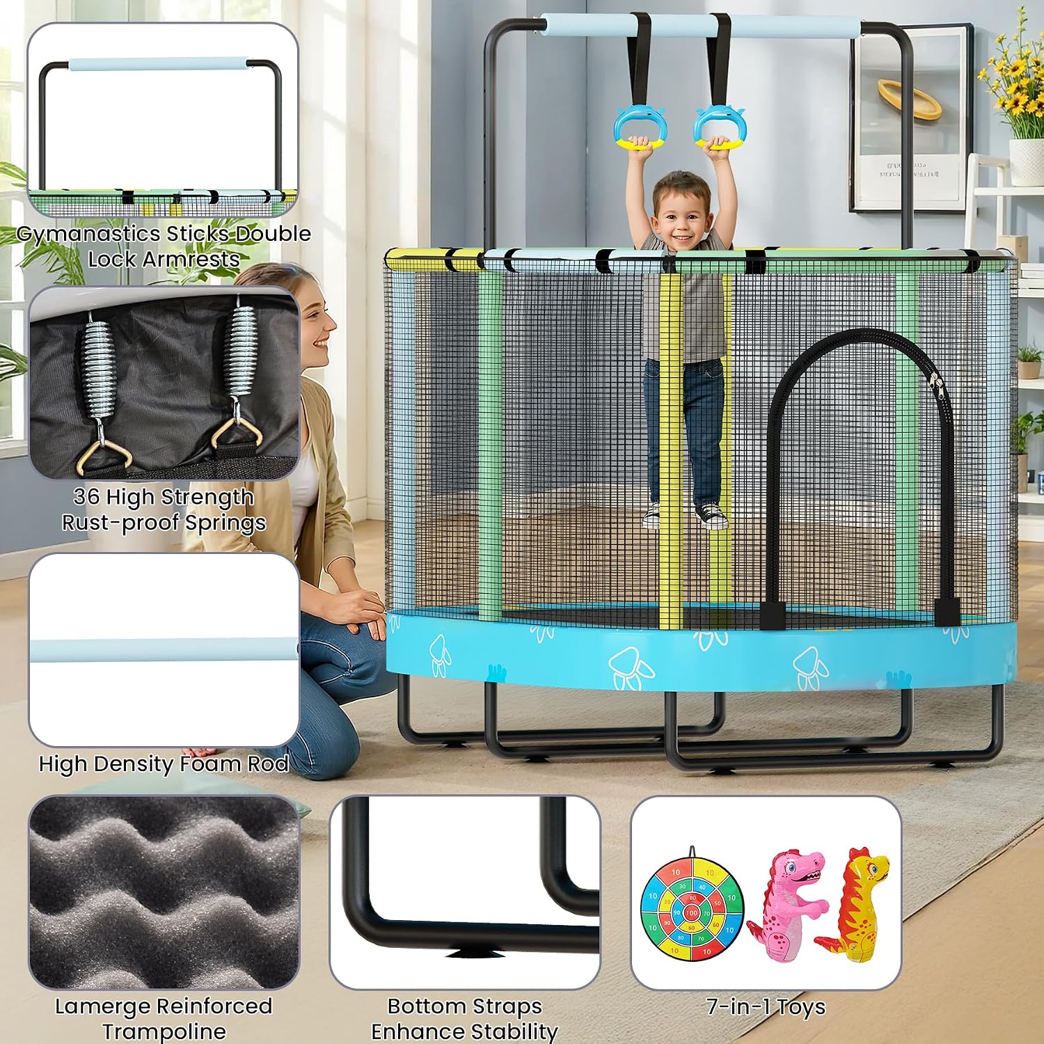 Lamerge Kids Trampoline, Indoor Trampoline Approved by ASTM, Safety Enclosure Net and Adjustable Handrail, 1-8 Children, 500lbs Capacity, 7-in-1, 60'
