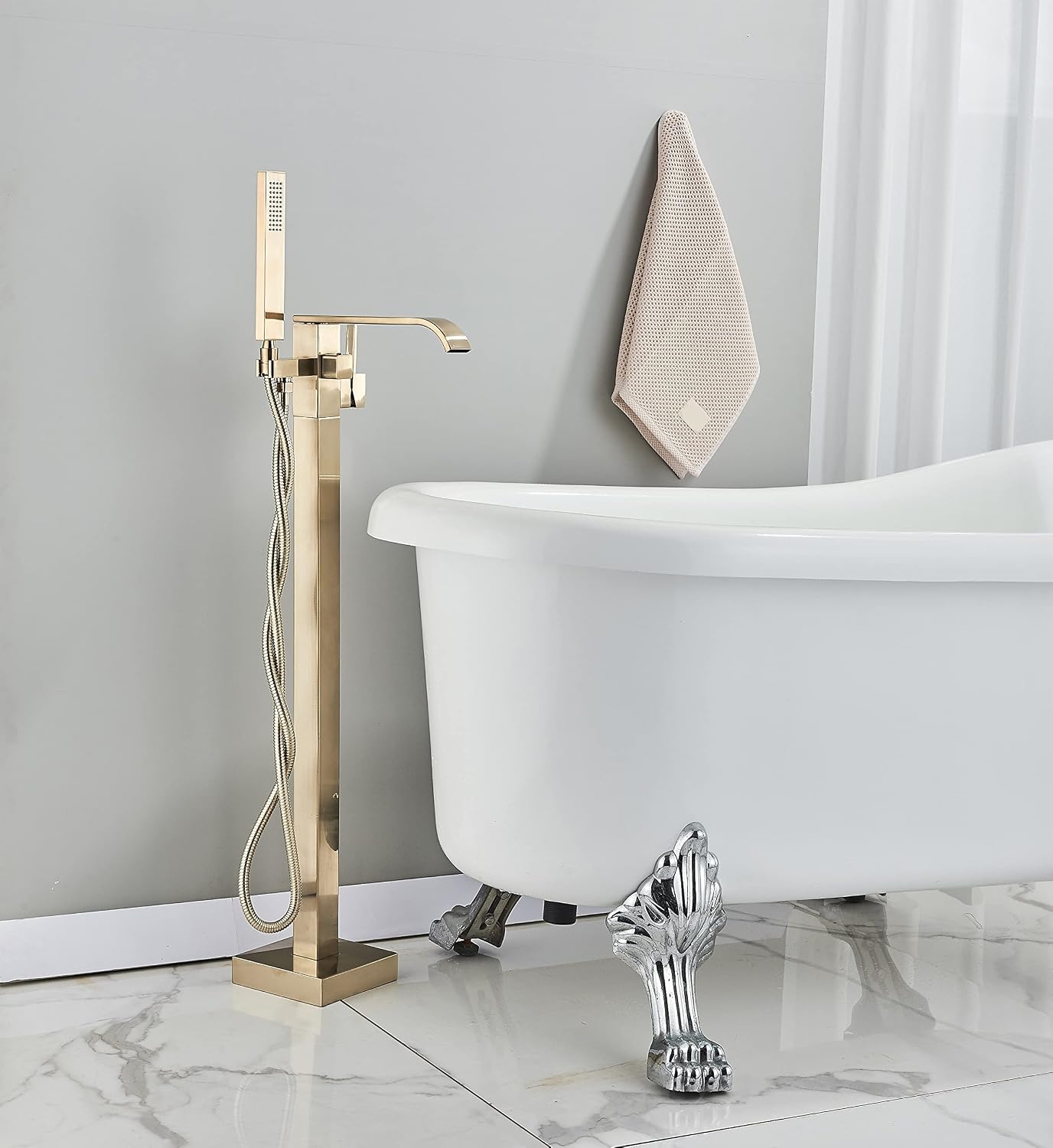 Freestanding Bathtub Faucet Brushed Gold Floor Mount Waterfall Tub Filler High Flow with Hand Shower Solid Brass 360 Degree Swivel Standing Mixer Taps for Bathroom