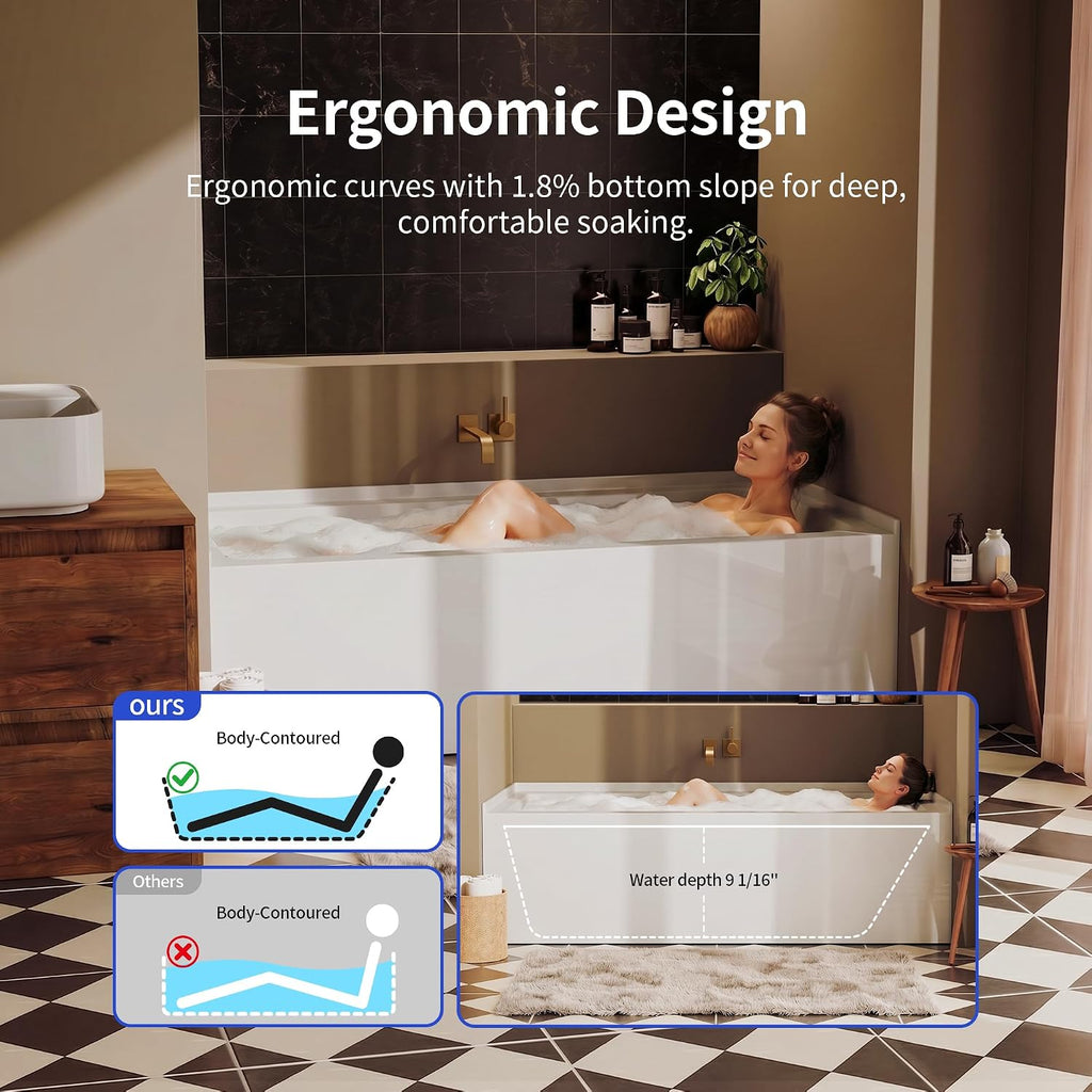 DeerValley 60'x30' Alcove Bath Tub, Acrylic Bathtub with Right Drain Integrated Apron Soaking Bath Tub, Ergonomic Deep Soak Tub with Pop-Up Drain and Integrated Overflow System, White, DV-1T0195R