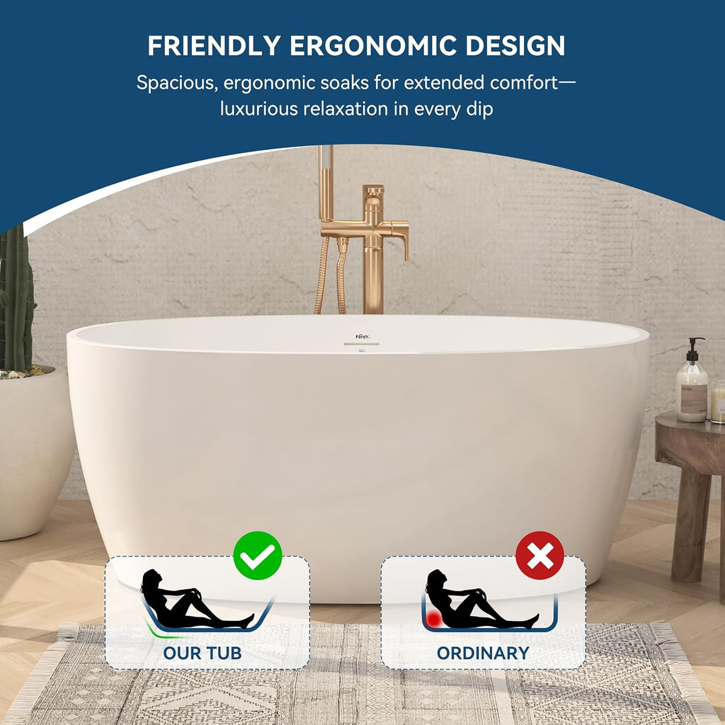FerdY Tahiti 55' Acrylic Freestanding Bathtub, Elegant Oval Shape Soaking Bathtub, Glossy White, Brushed Nickel Drain & Integrated Slotted Overflow Assembly Included cUPC Certified