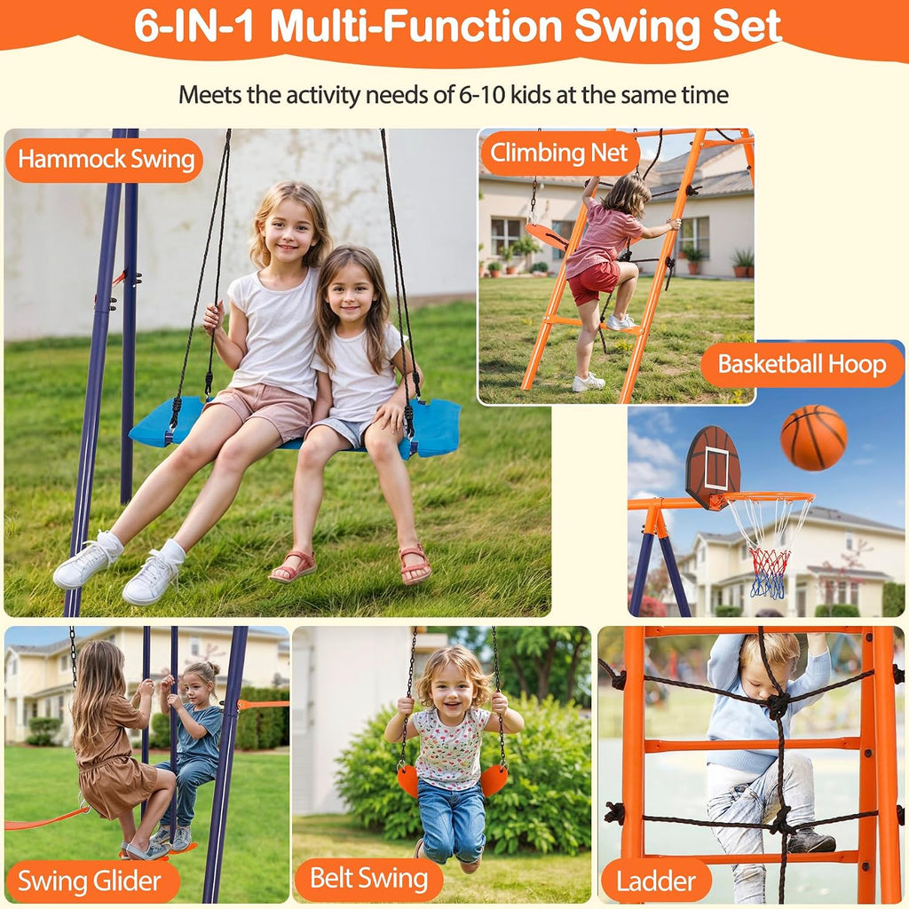 Nouva 6 in 1 Metal Swing Sets for Backyard - Heavy-Duty Kids Outdoor Combo w/2 Swings & Climbing Ladder & Nets & Seesaw & Basketball Hoop - Swing Stand Set for Playground, Playset