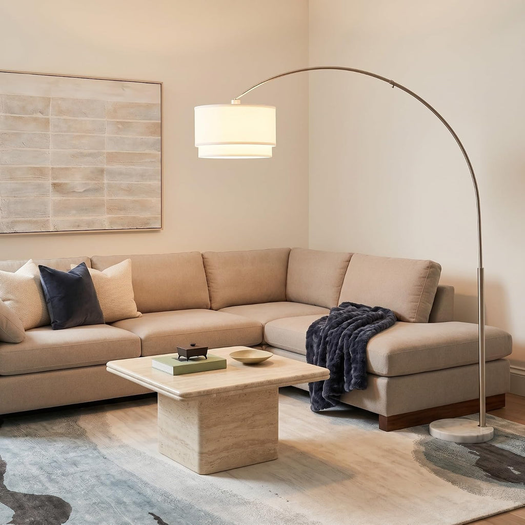 Brightech Mason Arc Floor Lamp - Modern Corner Standing Lamp with Unique Hanging Drum Lamp Shade for Living Room - Bright Overhead, Curved Hanging Light for Bedroom. Library, Den - Nickel