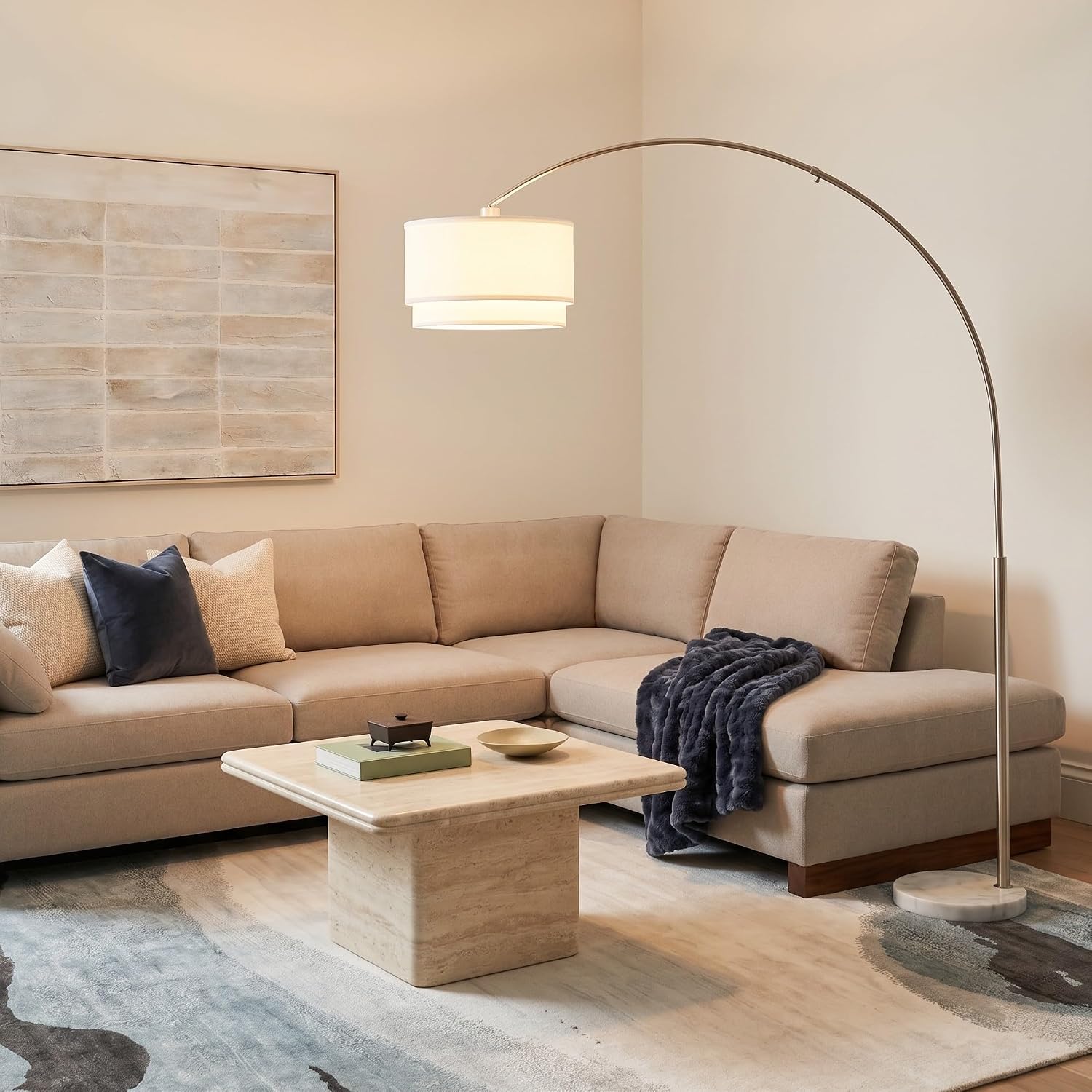 Brightech Mason Arc Floor Lamp - Modern Corner Standing Lamp with Unique Hanging Drum Lamp Shade for Living Room - Bright Overhead, Curved Hanging Light for Bedroom. Library, Den - Nickel
