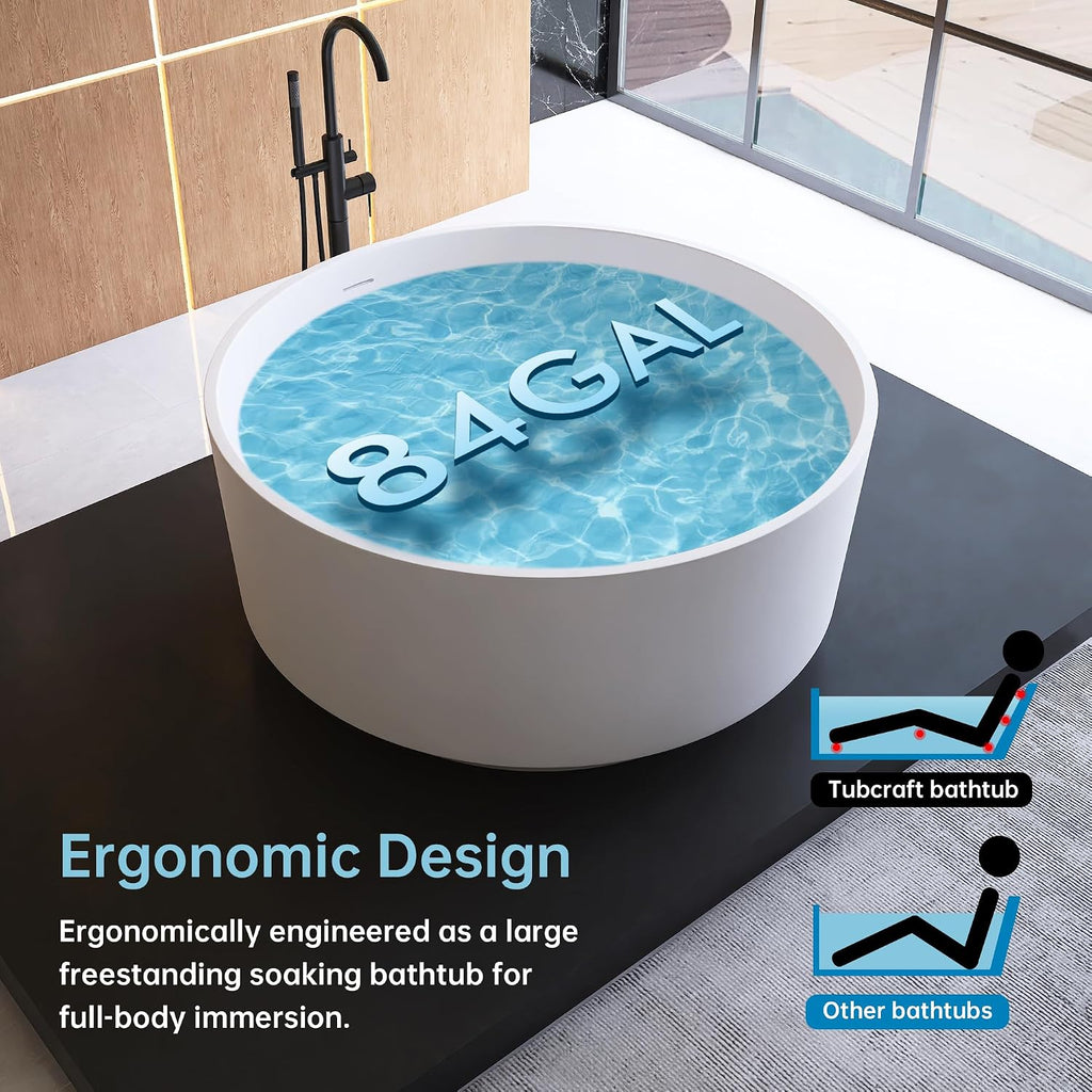 49' Freestanding Bathtub, Modern Soaking Stand Alone Tub Solid Surface Resin Stone Bathtub with Pop Up Drain and Overflow, Matte White 311MW1250